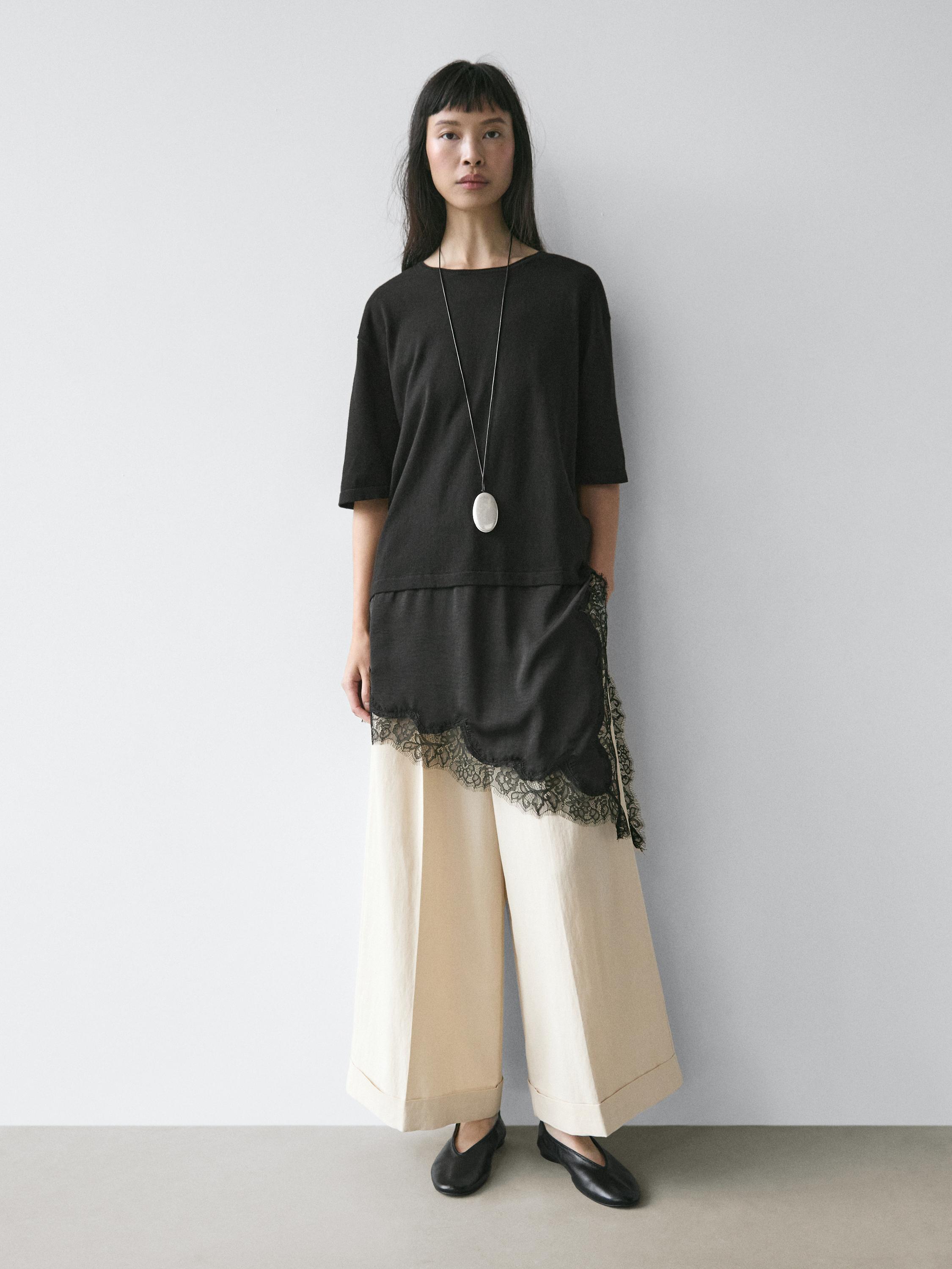 Sweater with contrast lace detail — BLACK