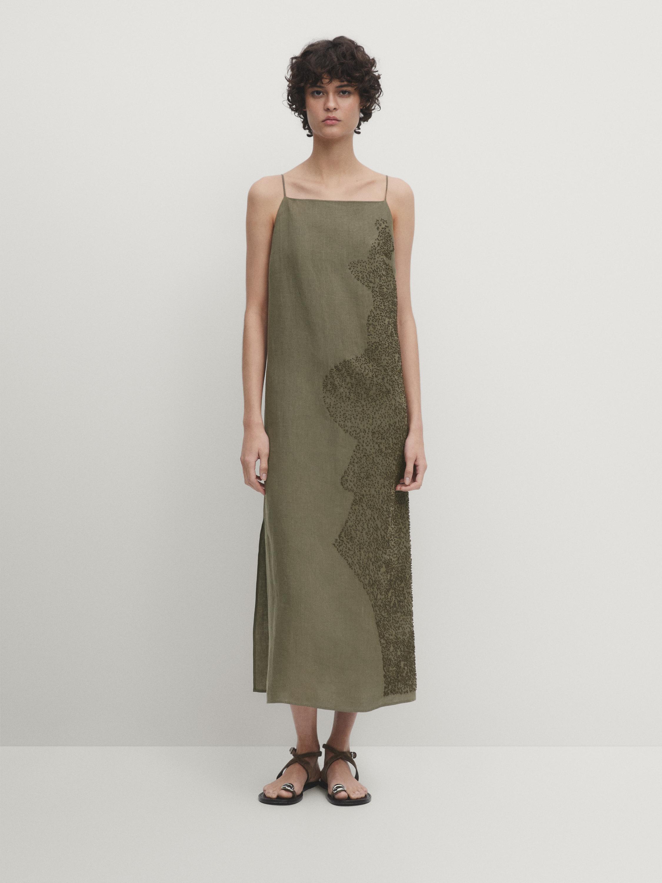 Linen blend midi dress with embroidery detail Moss Smart Dresses And Jumpsuits Massimo Dutti