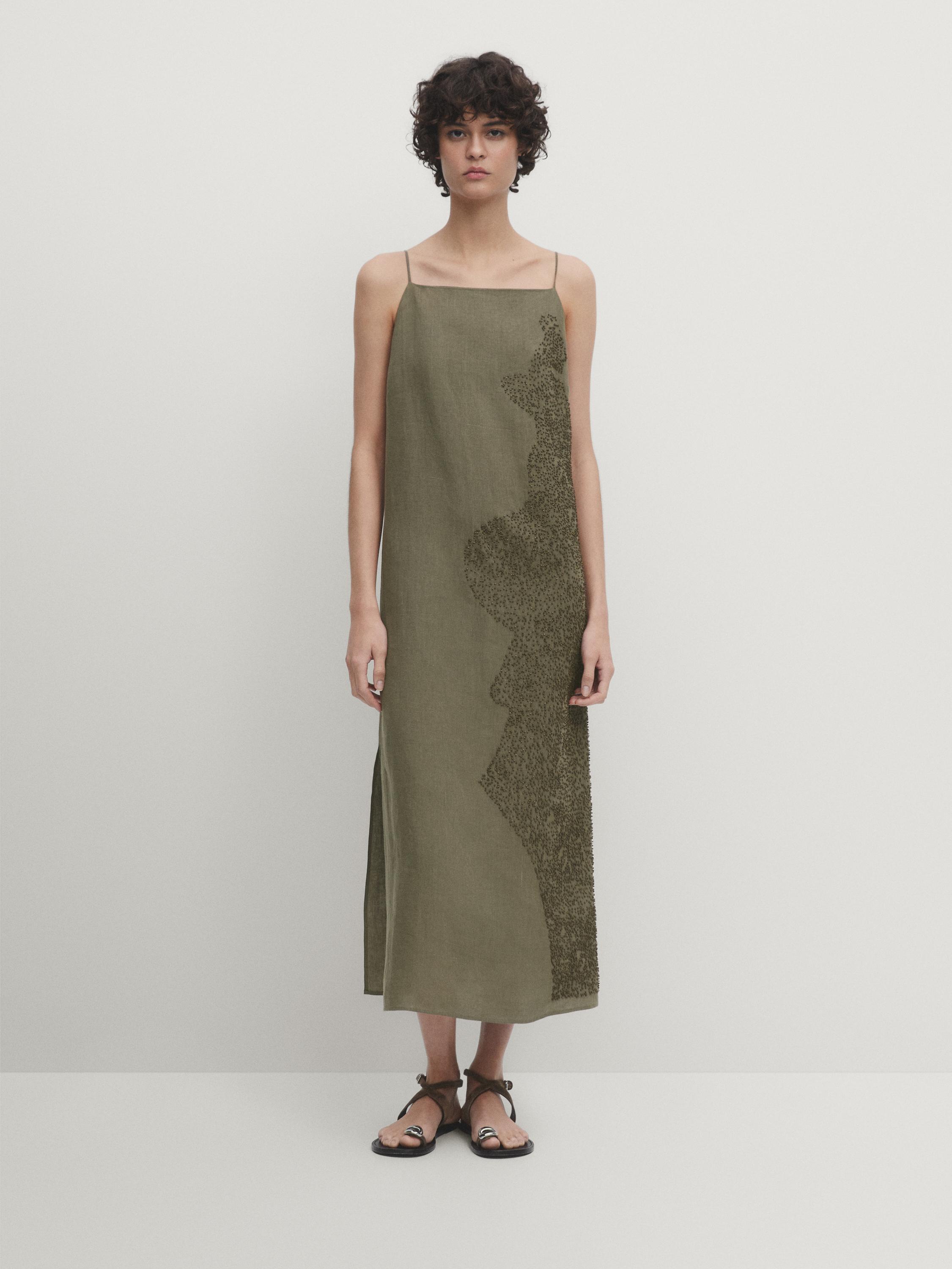 Robe midi en lin mélangé avec broderie