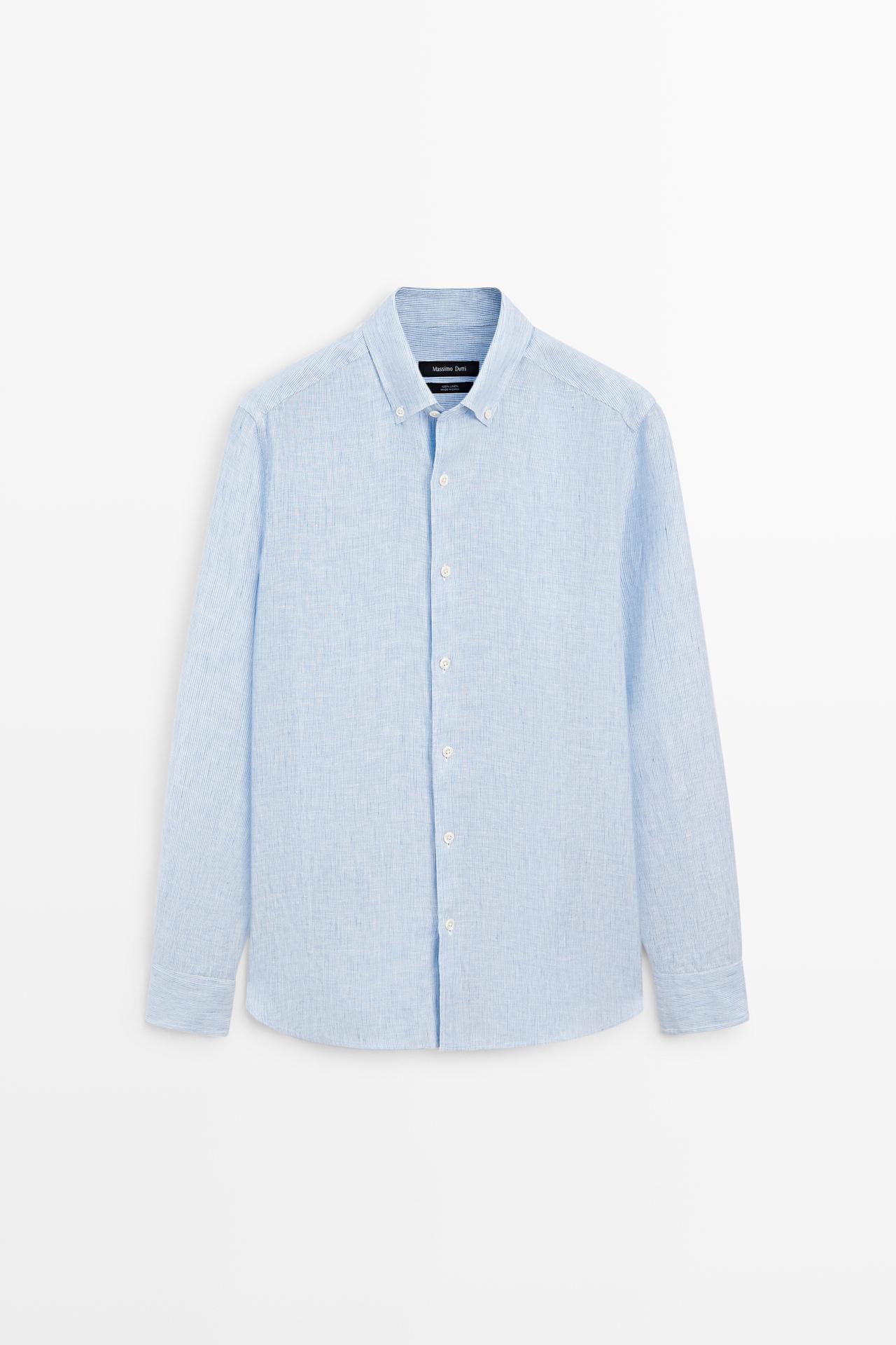 100% linen regular fit pinstriped shirt — SKY BLUE