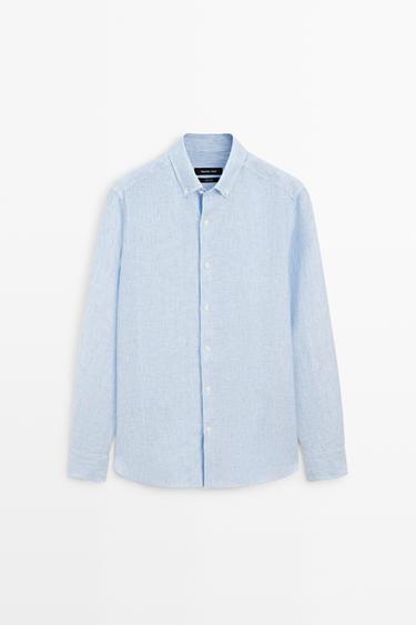 100% linen regular fit pinstriped shirt — SKY BLUE 2