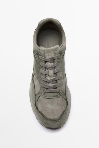 Mixed leather panel sneaker — GREY 3