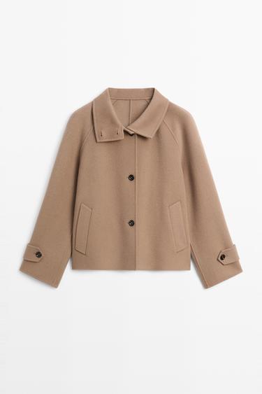 Short stand-up collar wool blend coat — Khaki 2