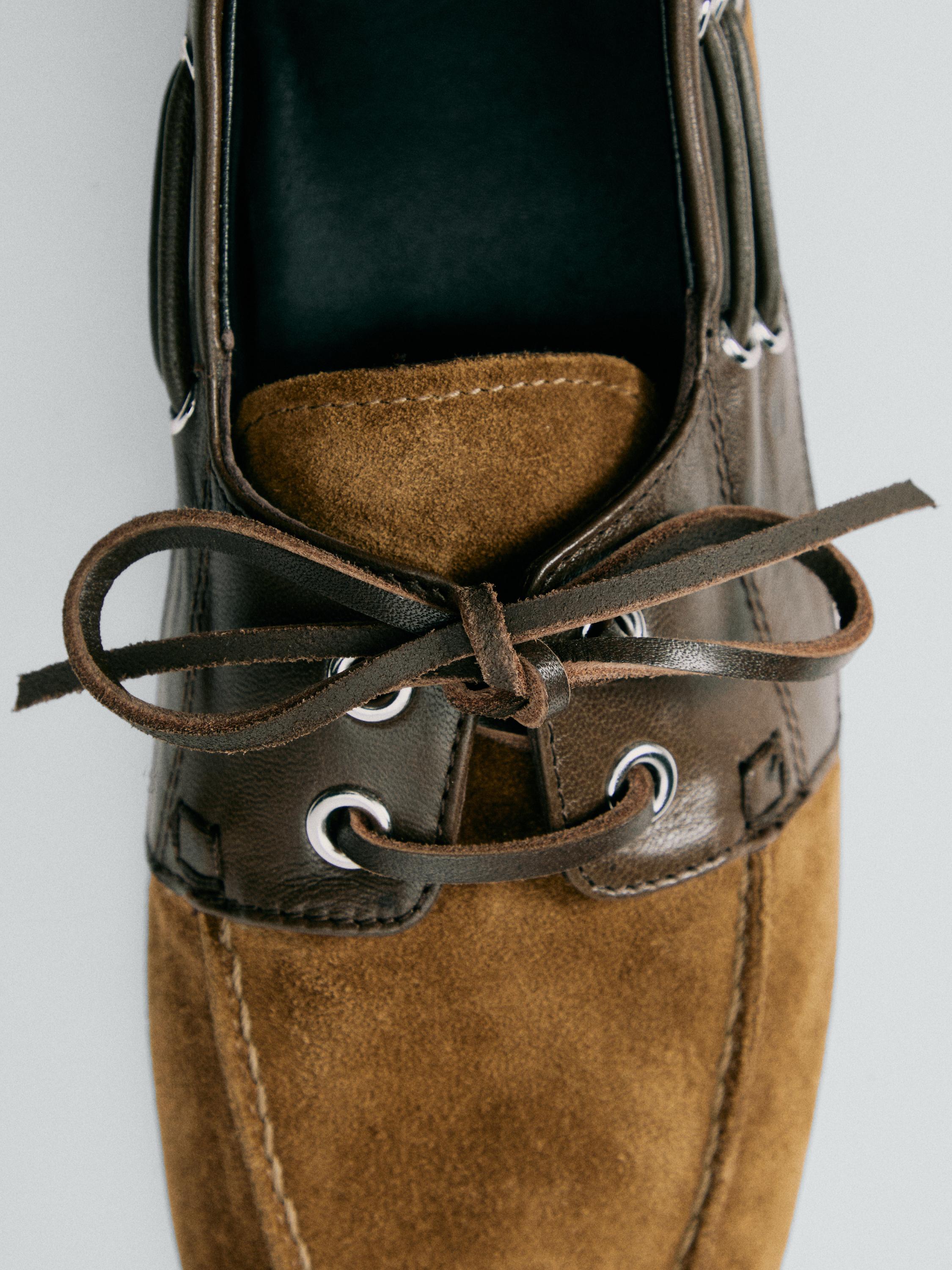 Contrast leather deck shoes — CAMEL