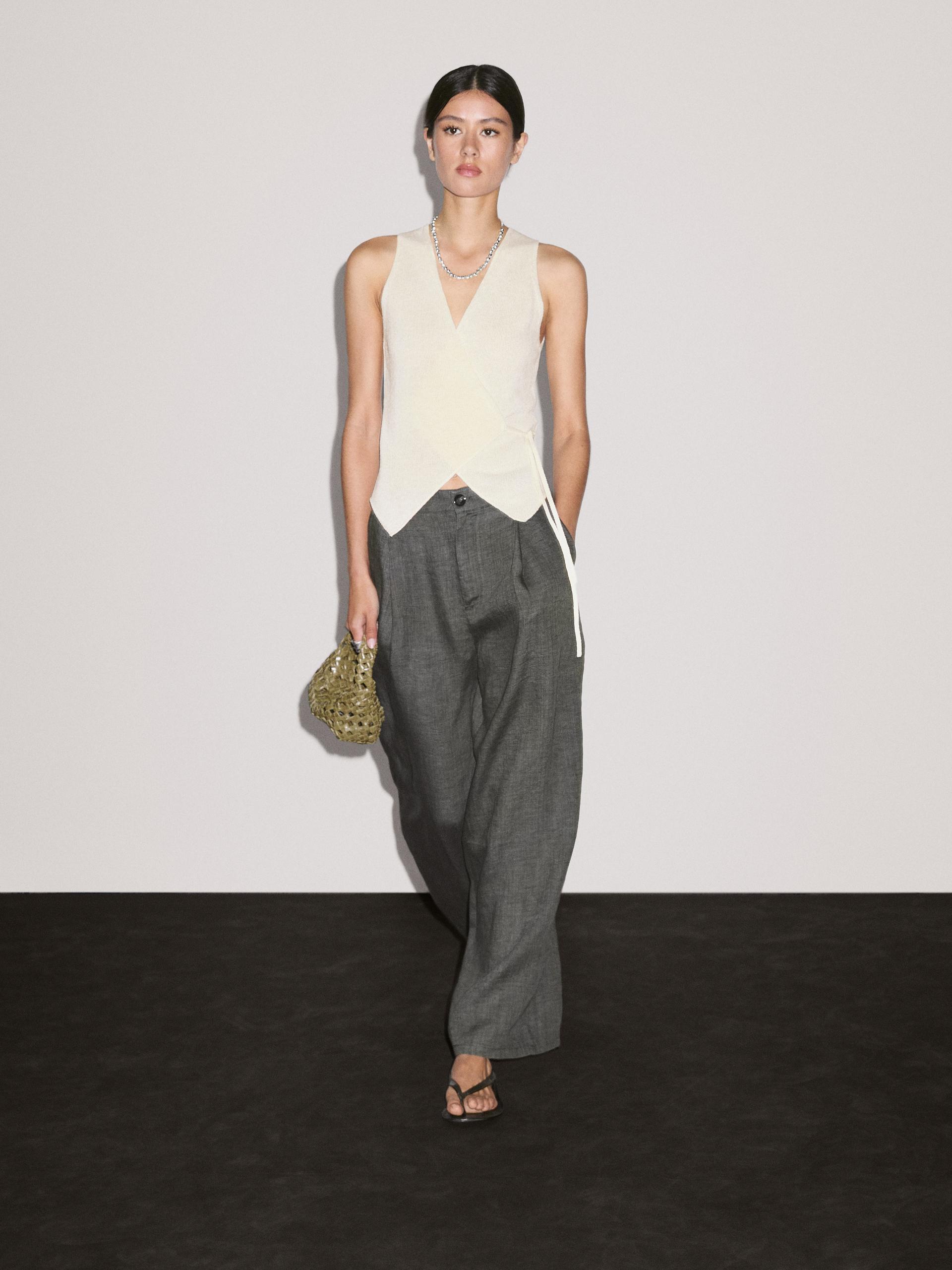 Massimo Dutti Knit Crossover Waistcoat With Drawstring In White