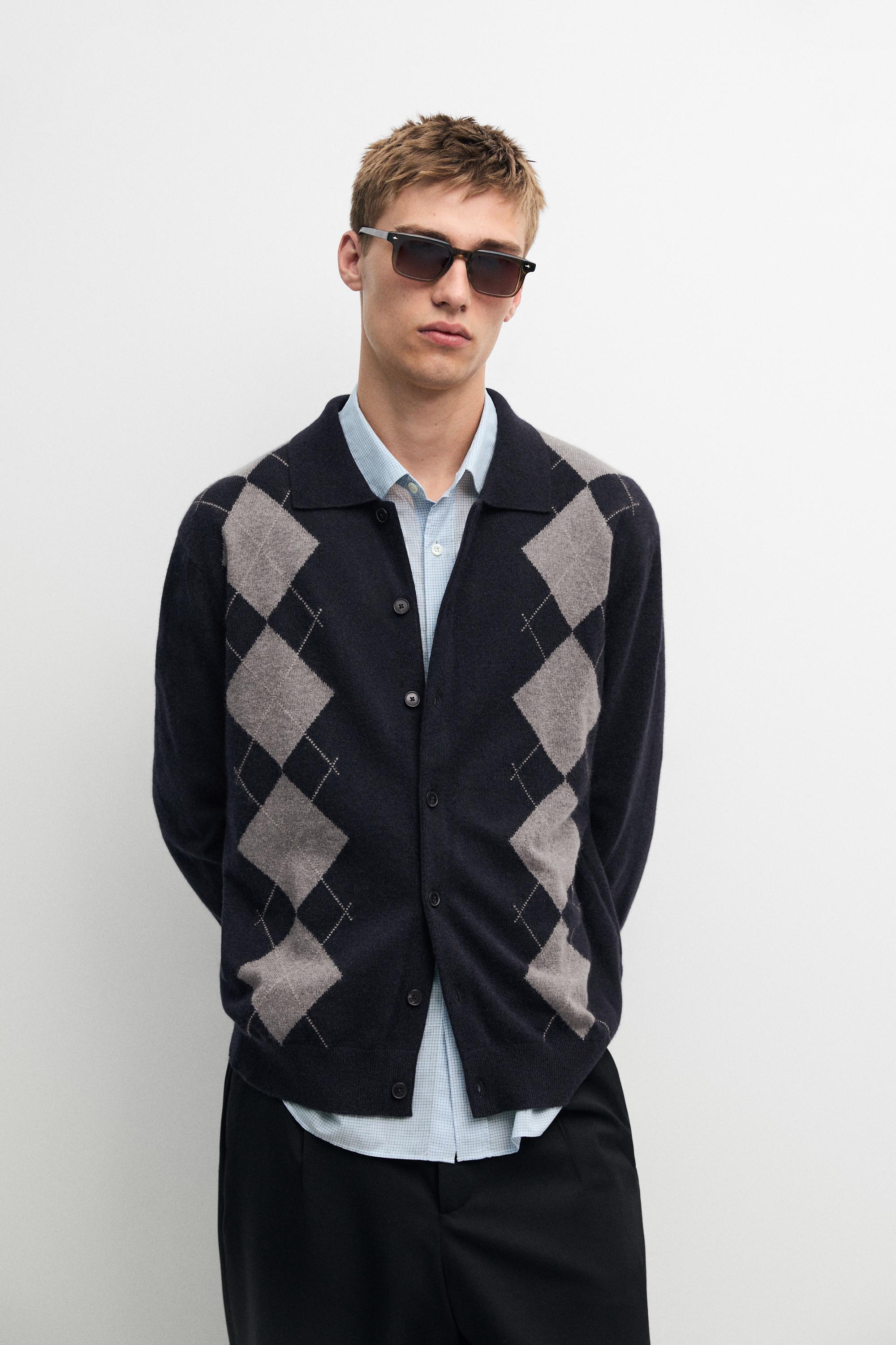 100% cashmere argyle knit cardigan — NAVY BLUE