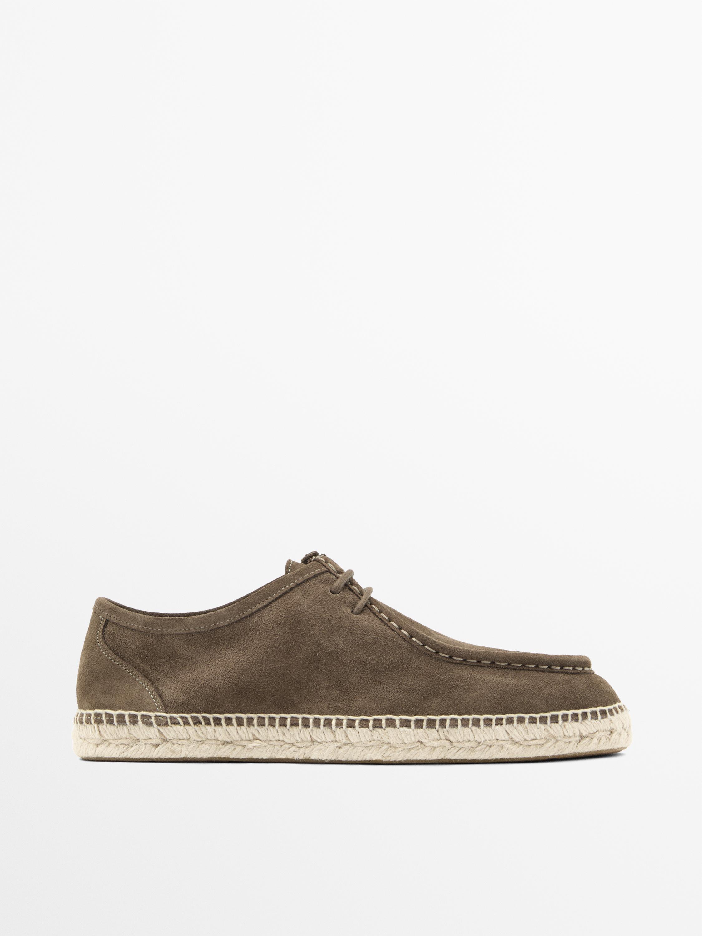 Split leather shoes with moc toe and jute sole — GREY