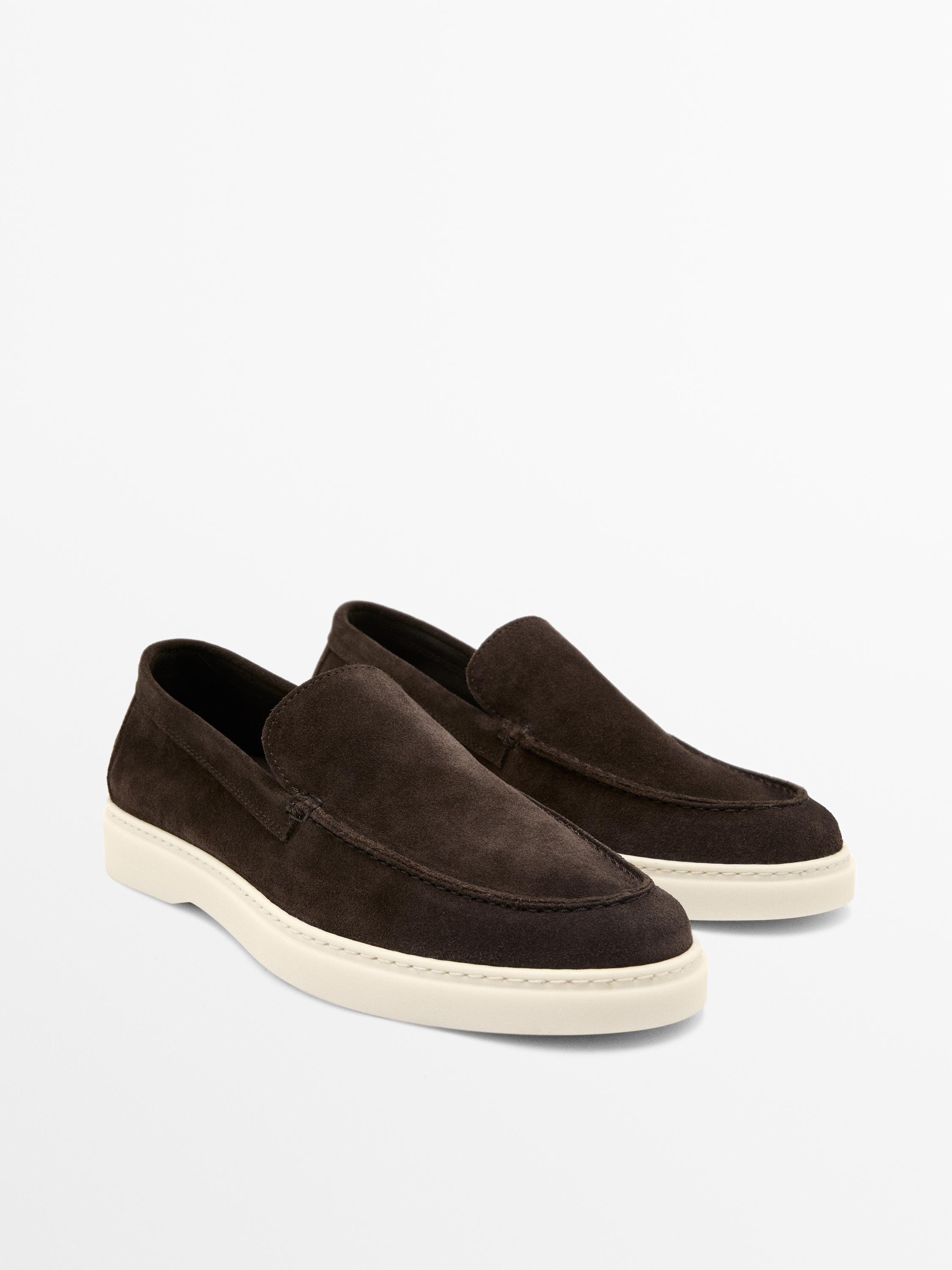 Split leather loafers with moc toe — BROWN