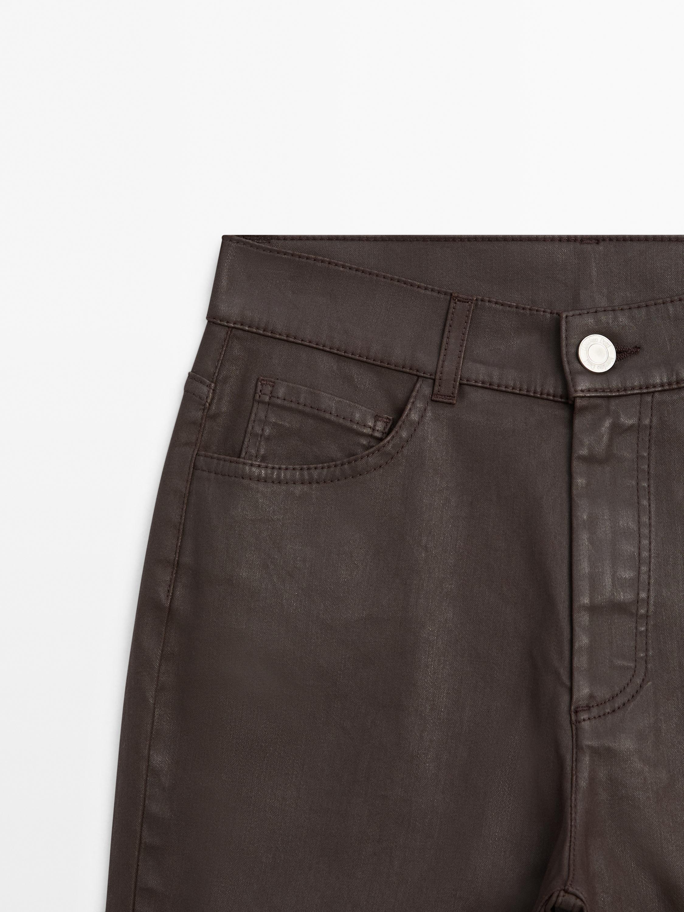 High-waist straight-leg waxed trousers — BROWN