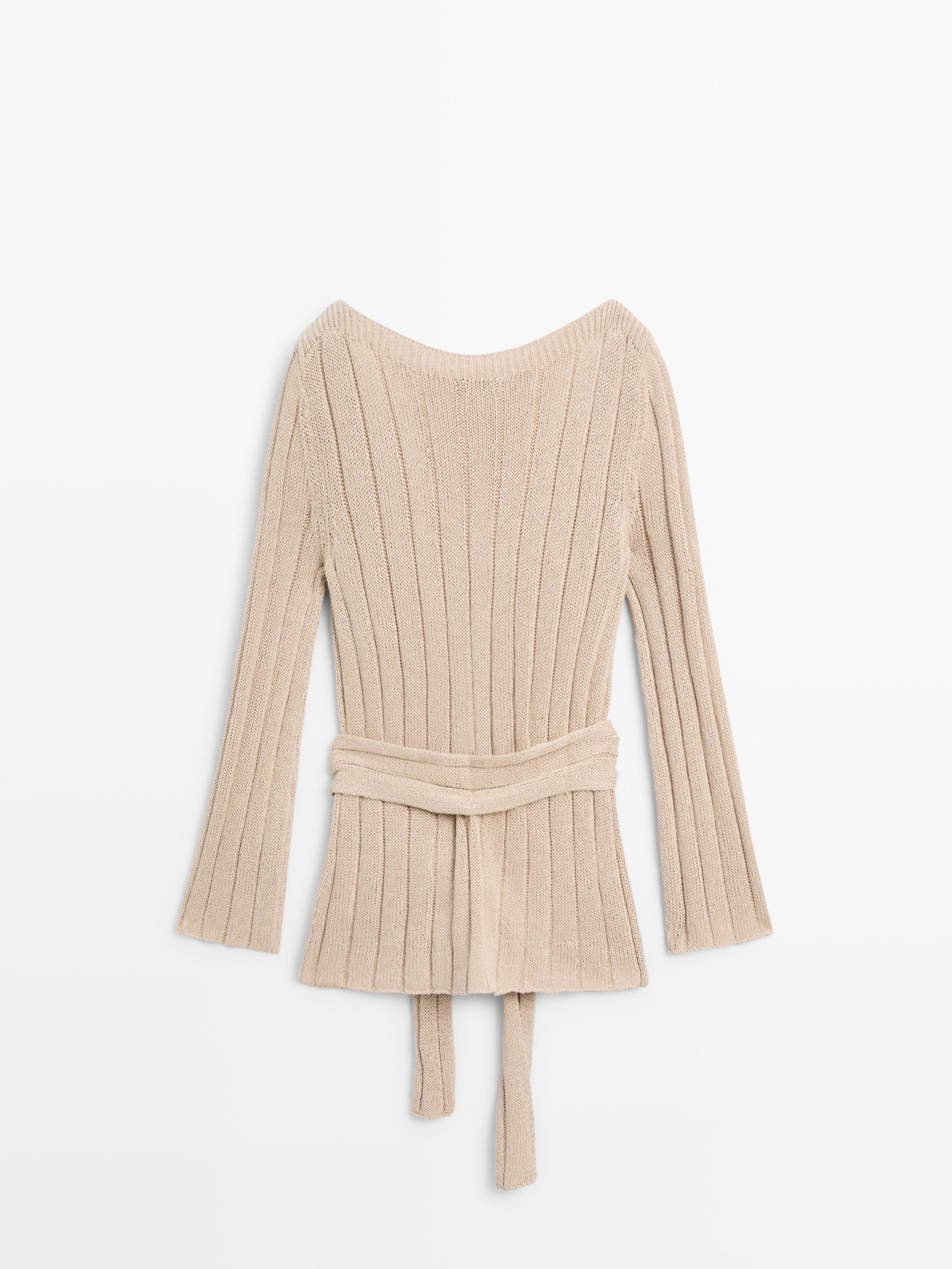 Cotton blend knit boat neck sweater — BEIGE