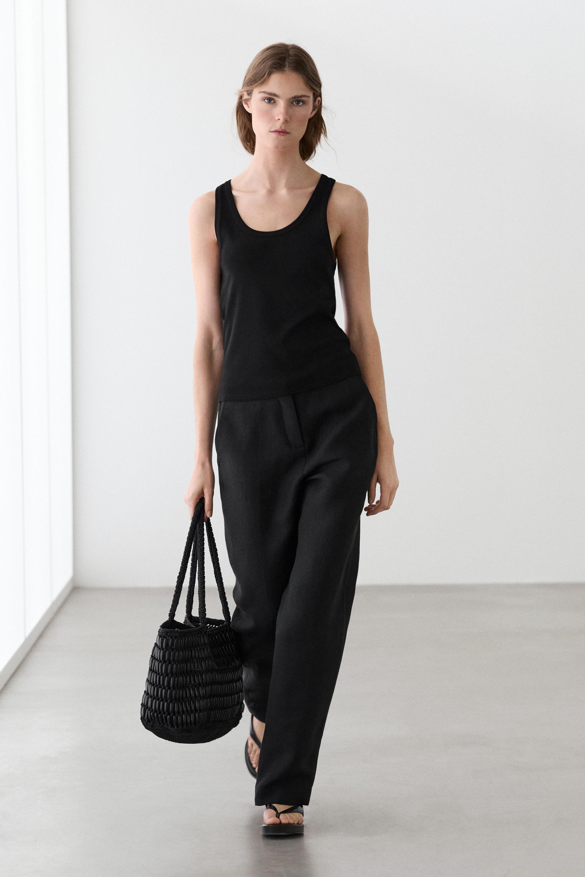 Flowing straight-leg linen trousers — BLACK