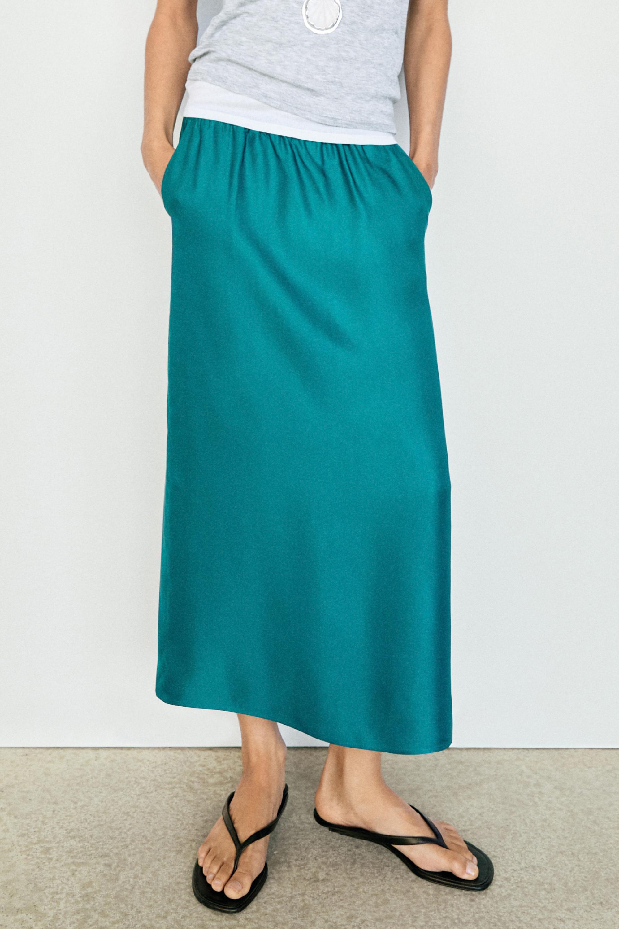 Satin midi skirt with pockets — BLUE