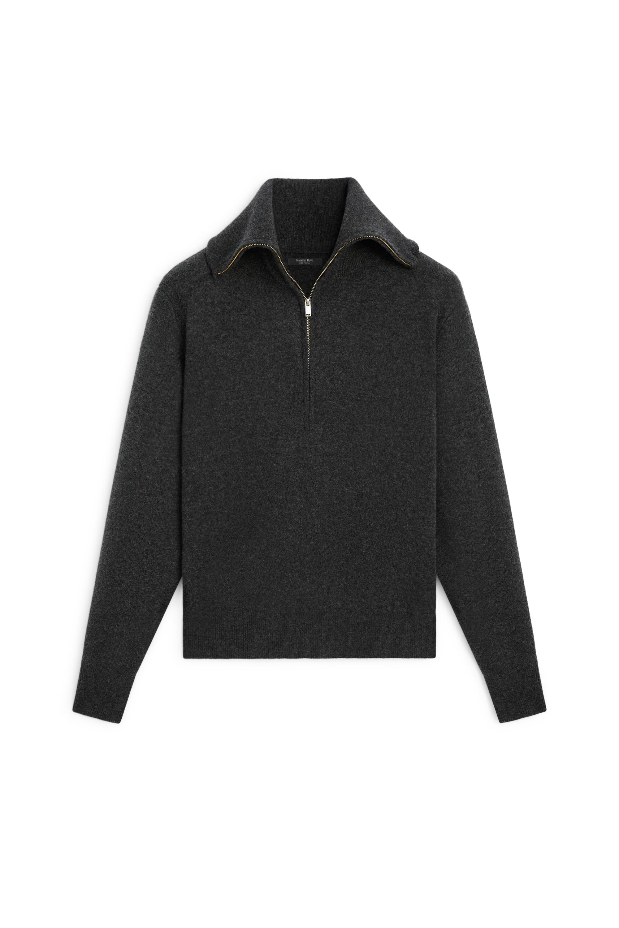 Wide collar zip-up knit sweater — ANTHRACITE GREY