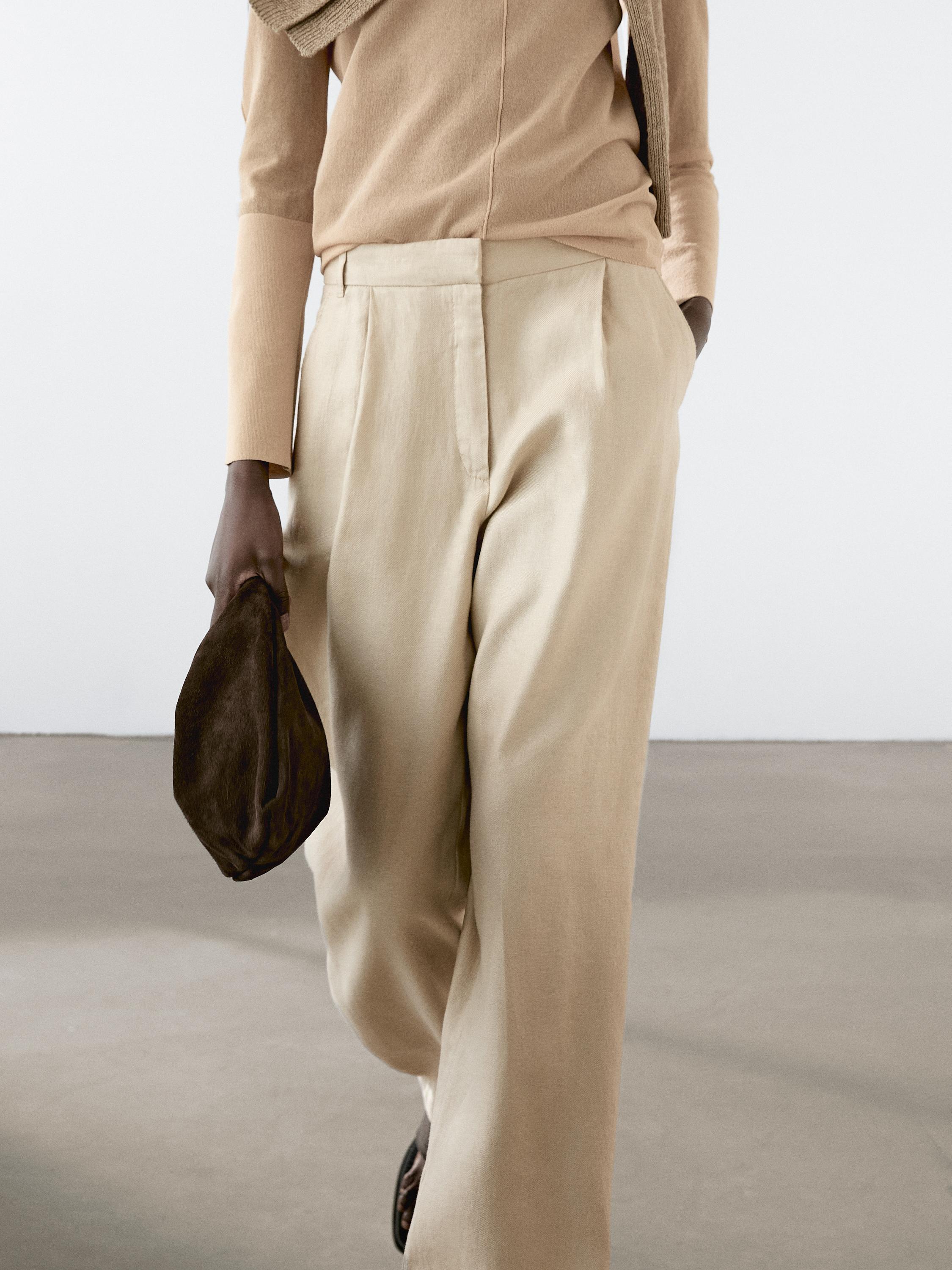 بنطلون كتان 100% بساق عريضة وتفصيل مرن