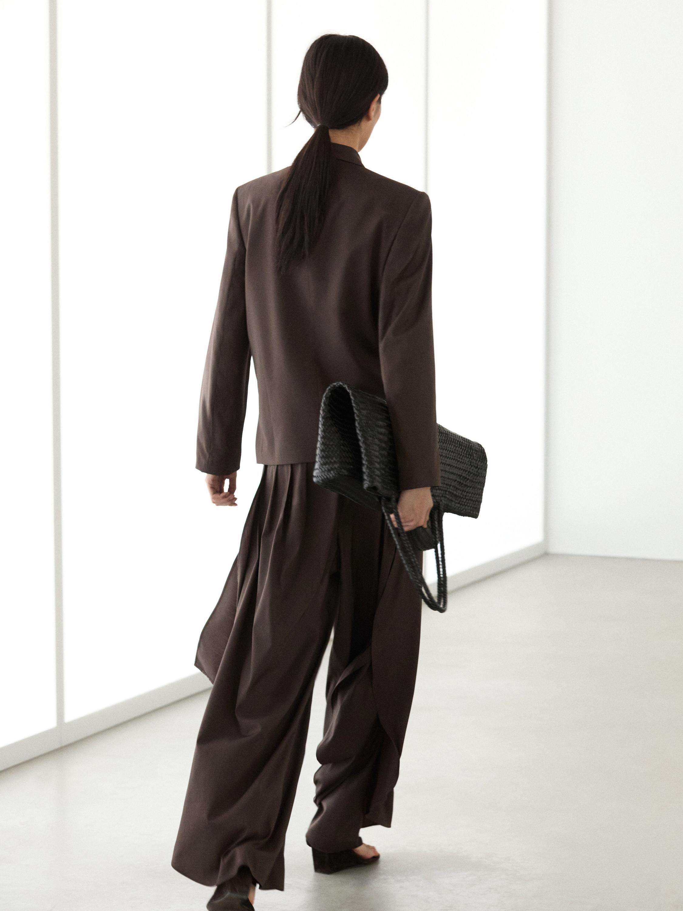 Wool blend blazer with tie detail — Chocolate