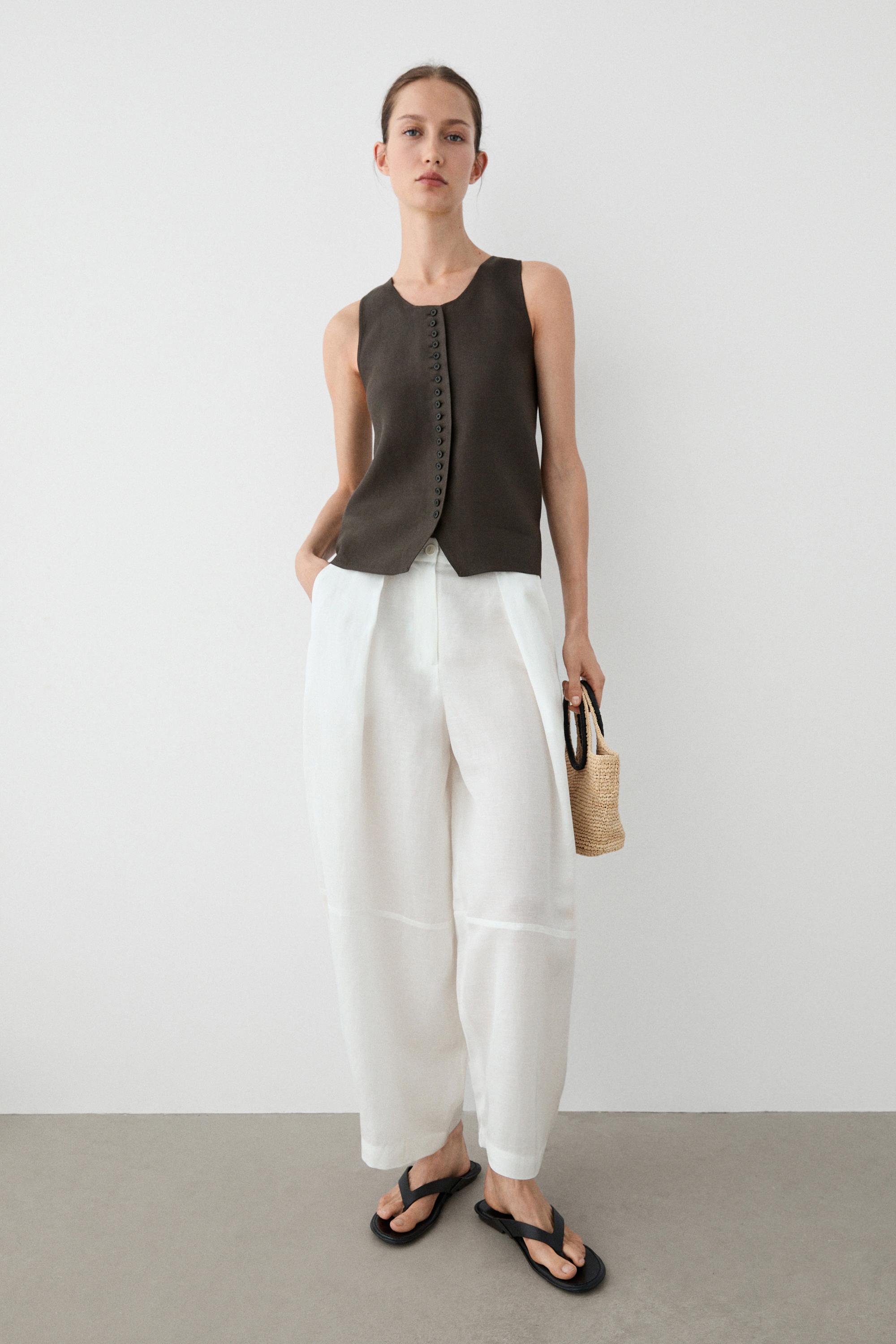 Flowing linen blend pants with seams — WHITE