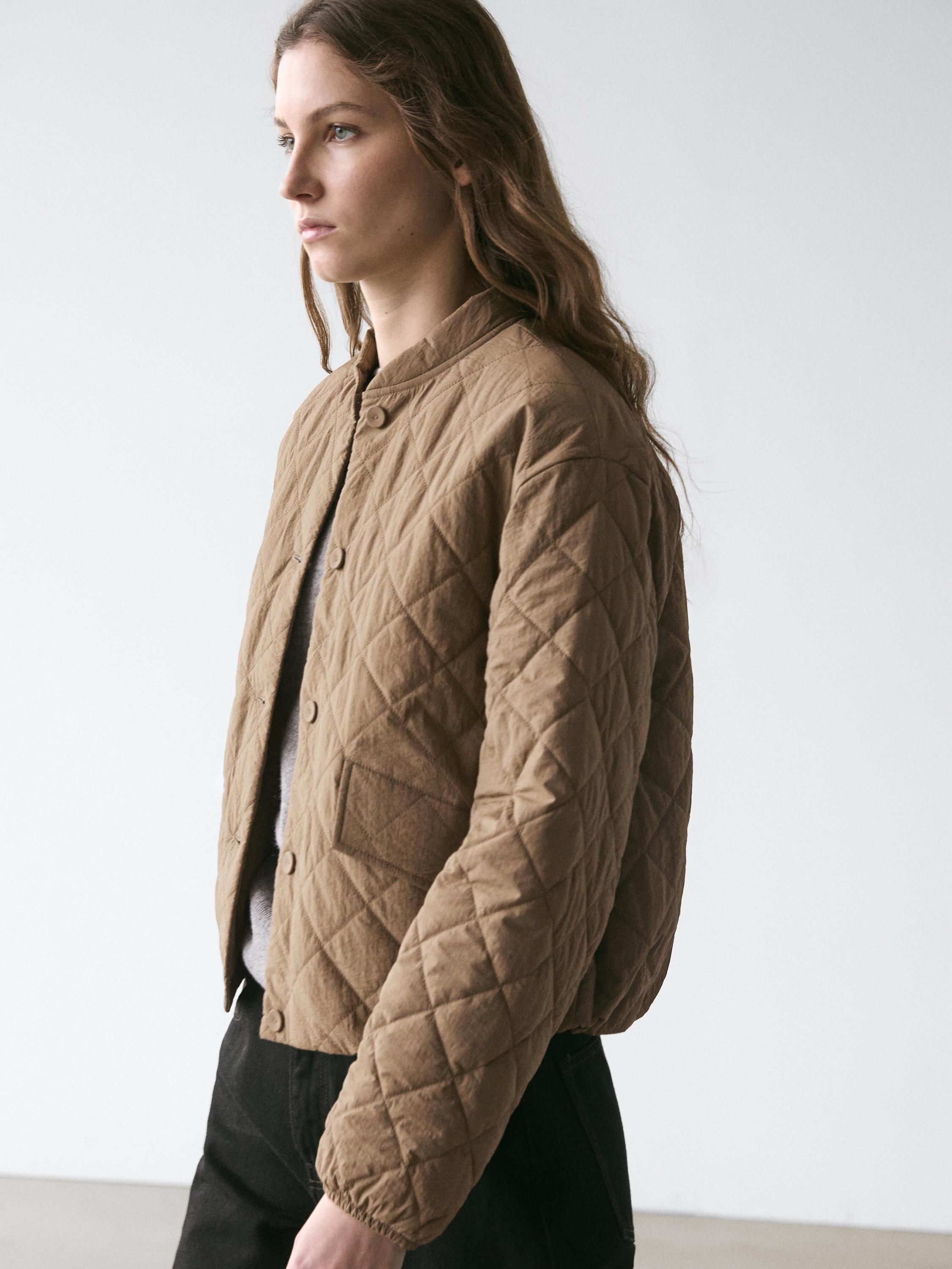 Plano medio de chamarra bomber café acolchada con botones frontales y cuello redondo.
