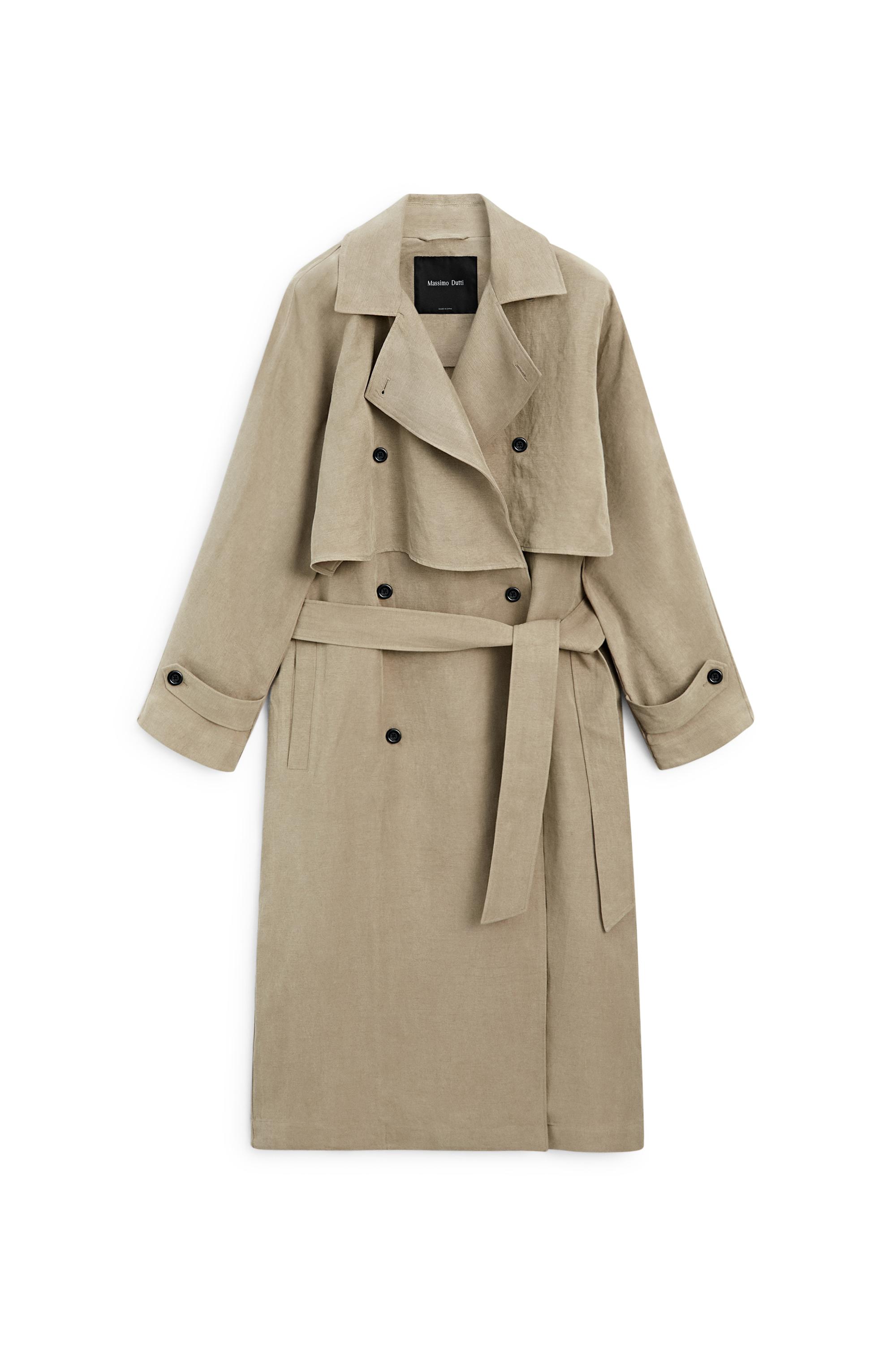 Keten detaylı kemerli trençkot