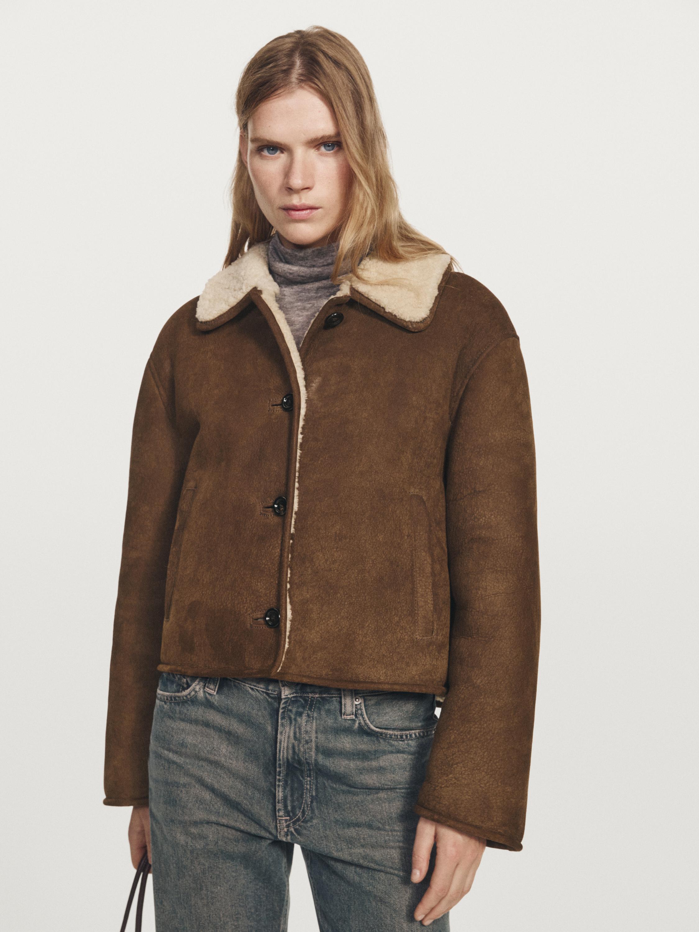 Short leather jacket with faux shearling