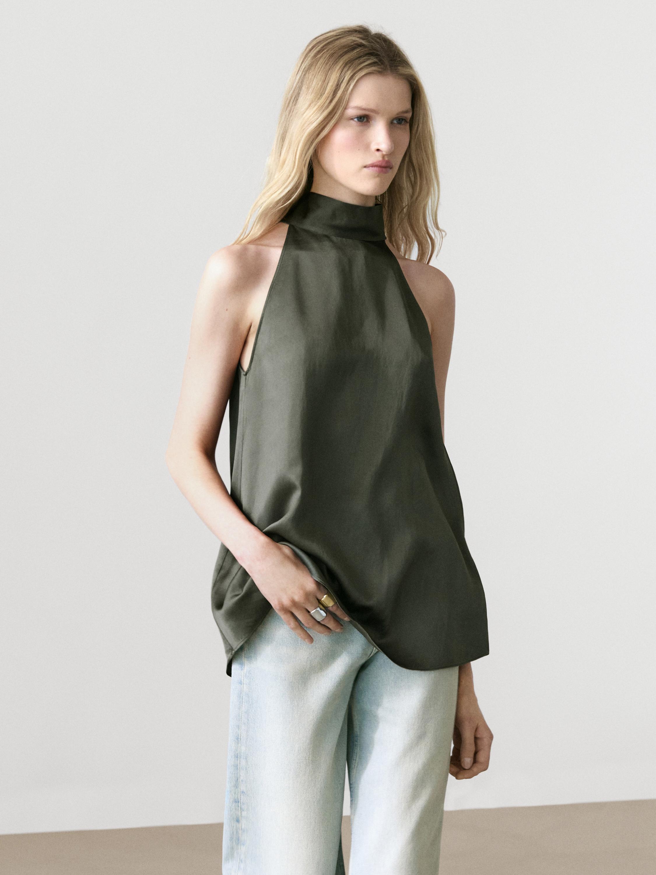 Satin halter top with tie detail — BLUISH GREEN