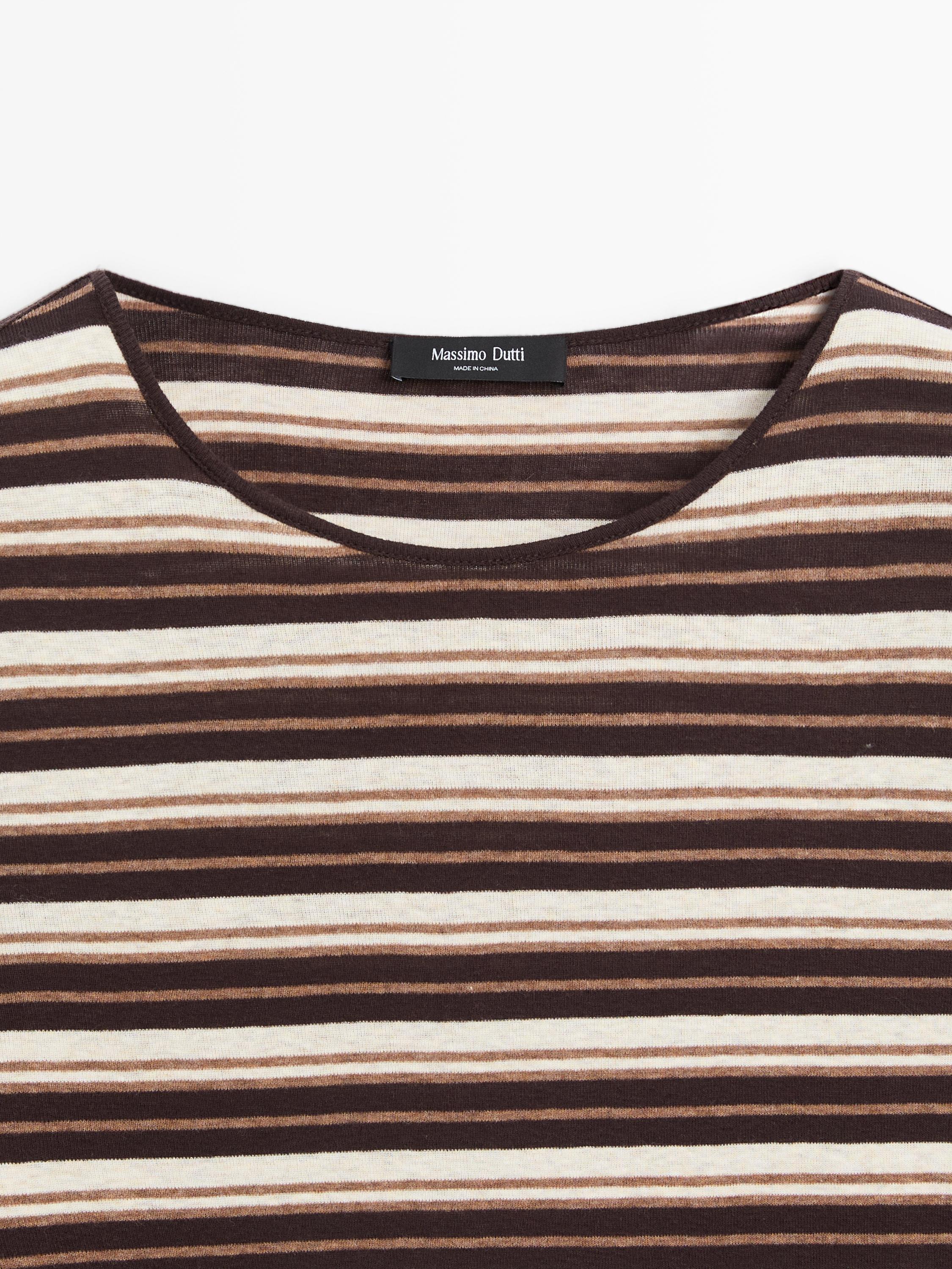 Cotton blend striped long sleeve T-shirt — BROWN
