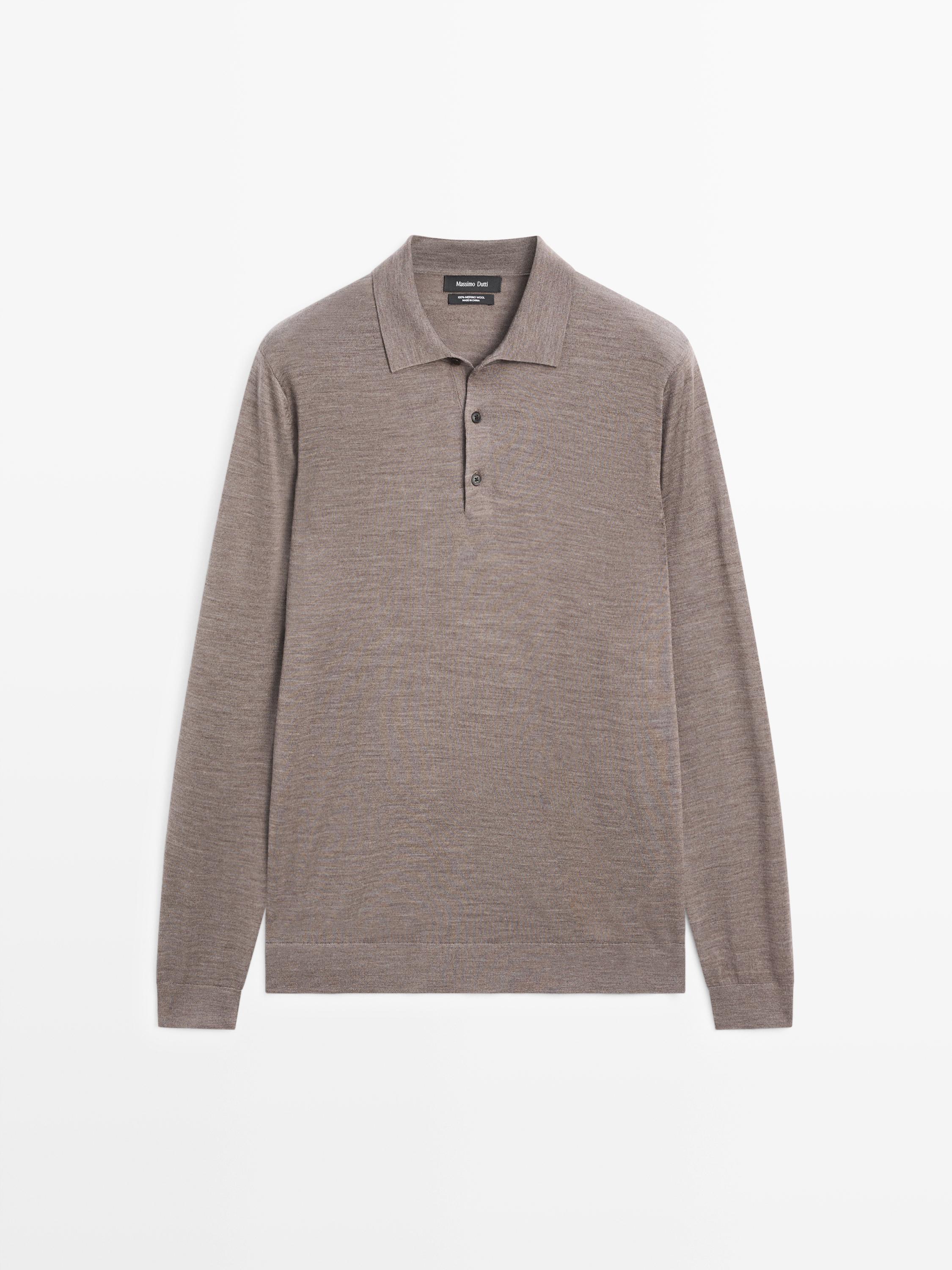 100% wool knit sweater with polo collar — MOLE BROWN