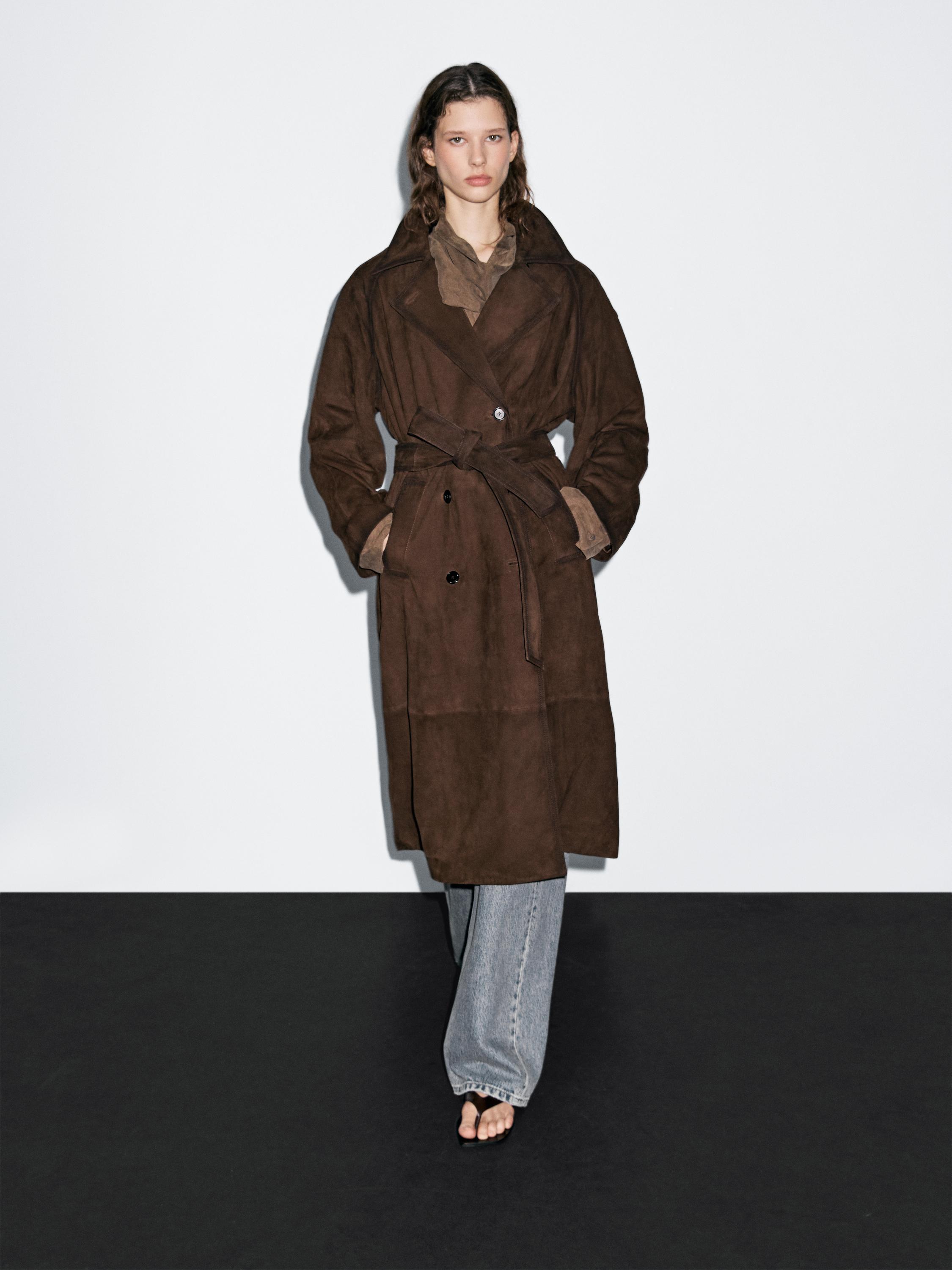 Long suede leather trench coat