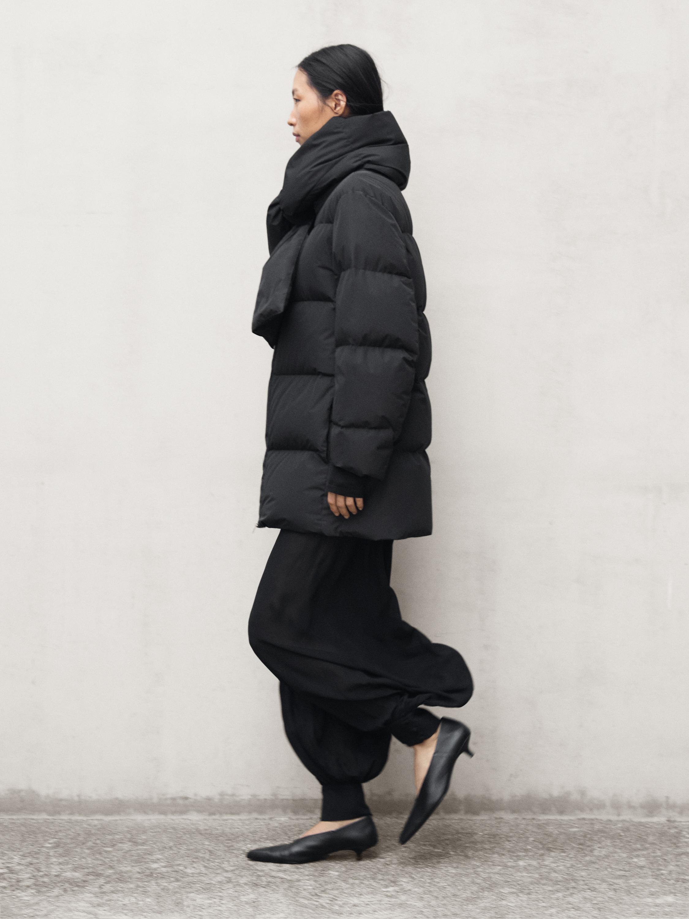 Water-repellent puffer jacket with scarf detail