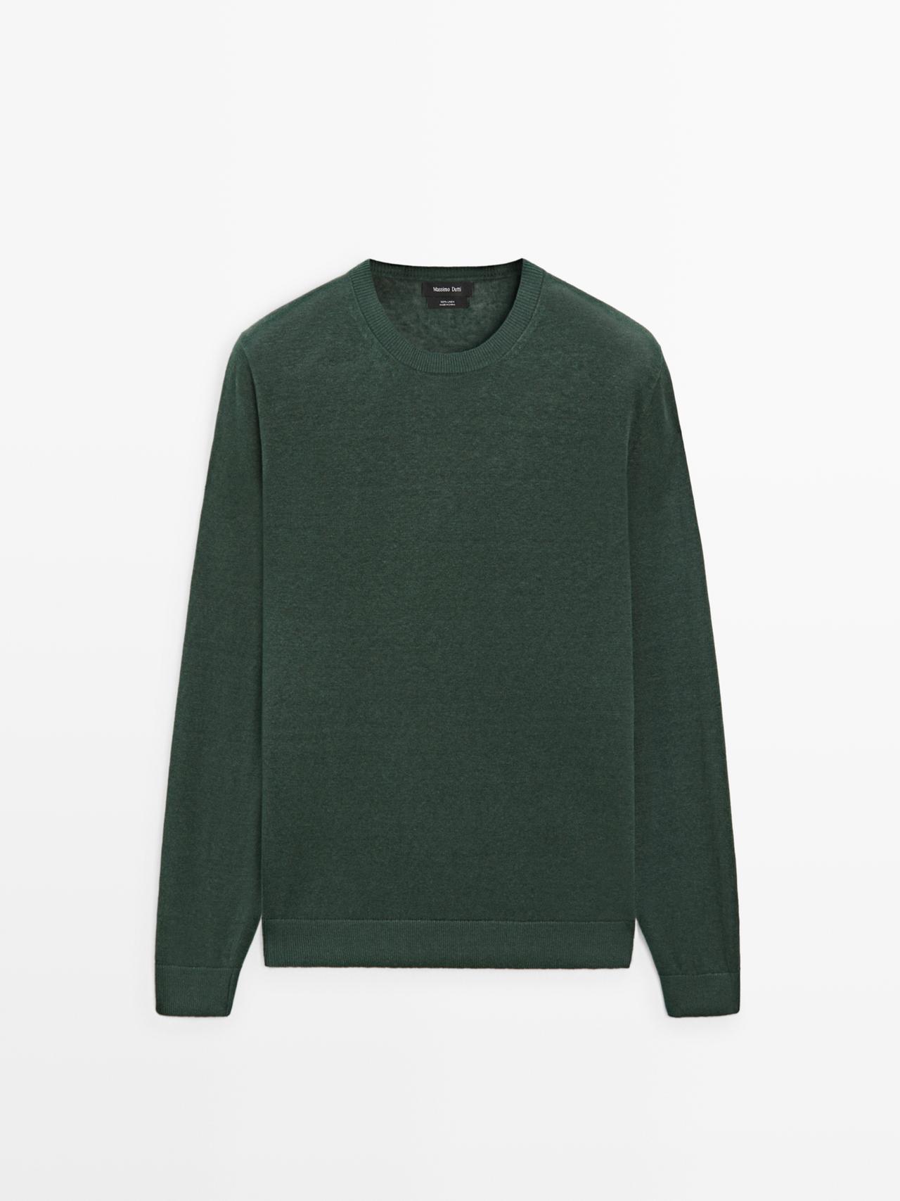 Massimo Dutti - Herre - Strikket Trøje I 100 % Hør Med Rund Hals - Flaskegrøn - M