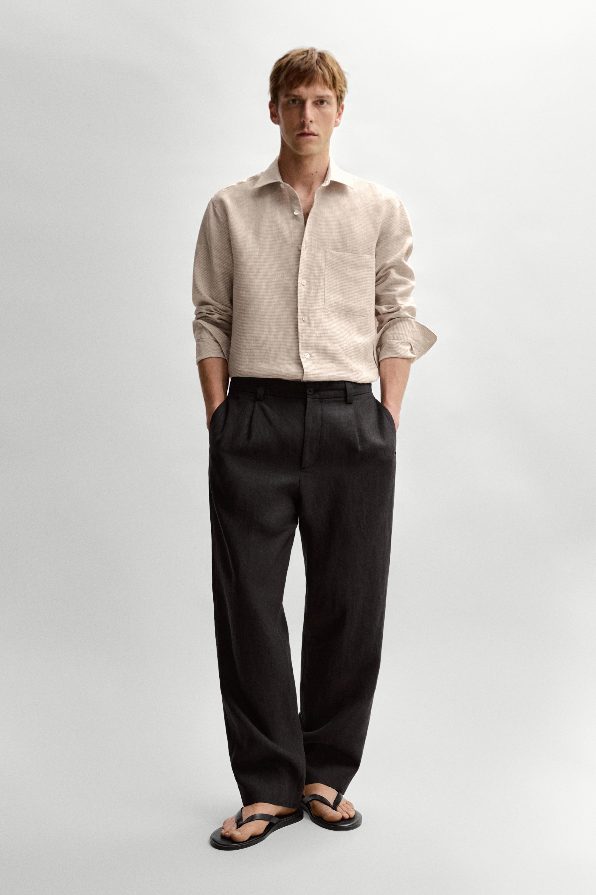 100% linen regular fit micro check shirt — CREAM