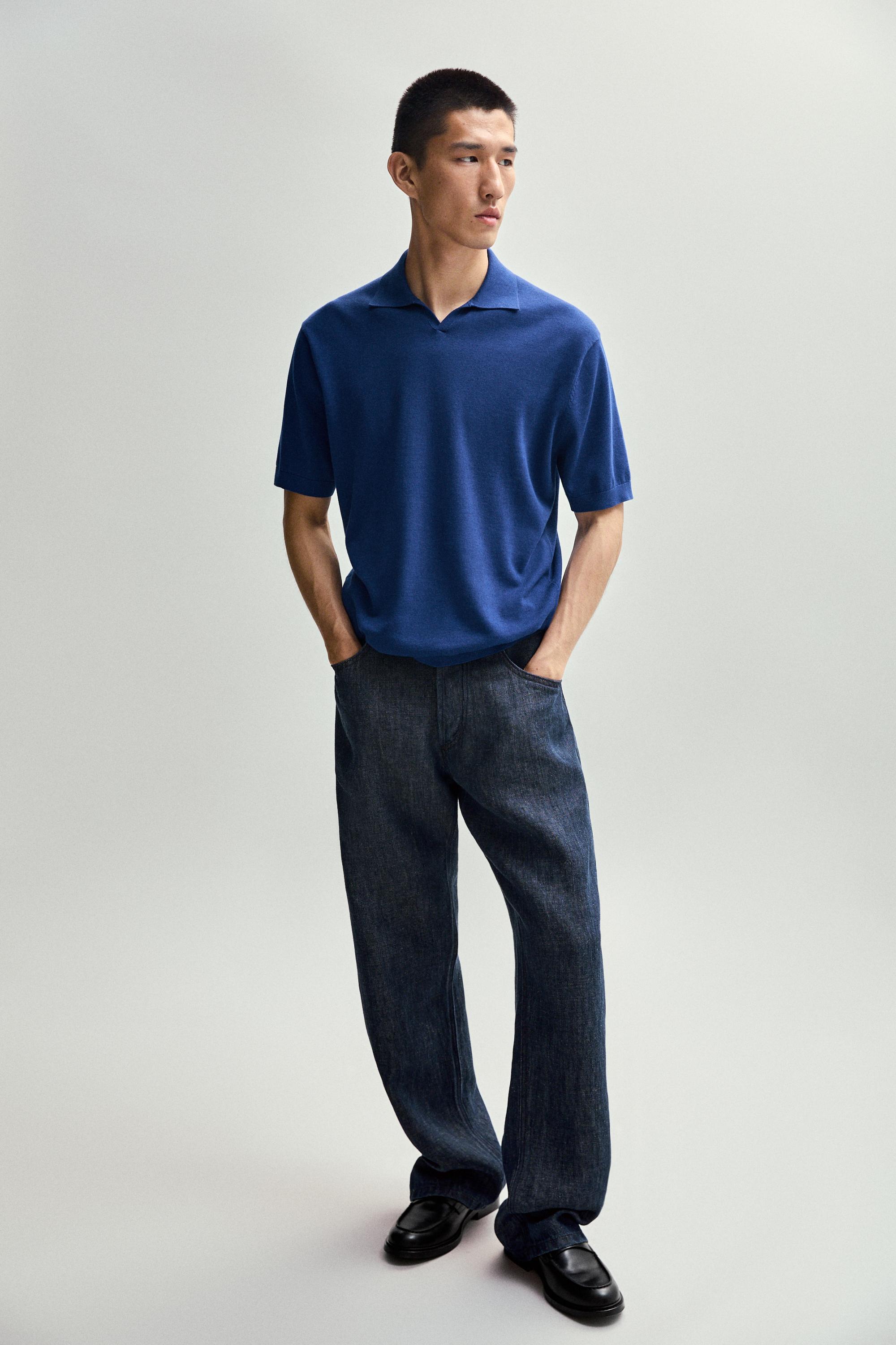 100% cotton V-neck knit polo — Electric blue