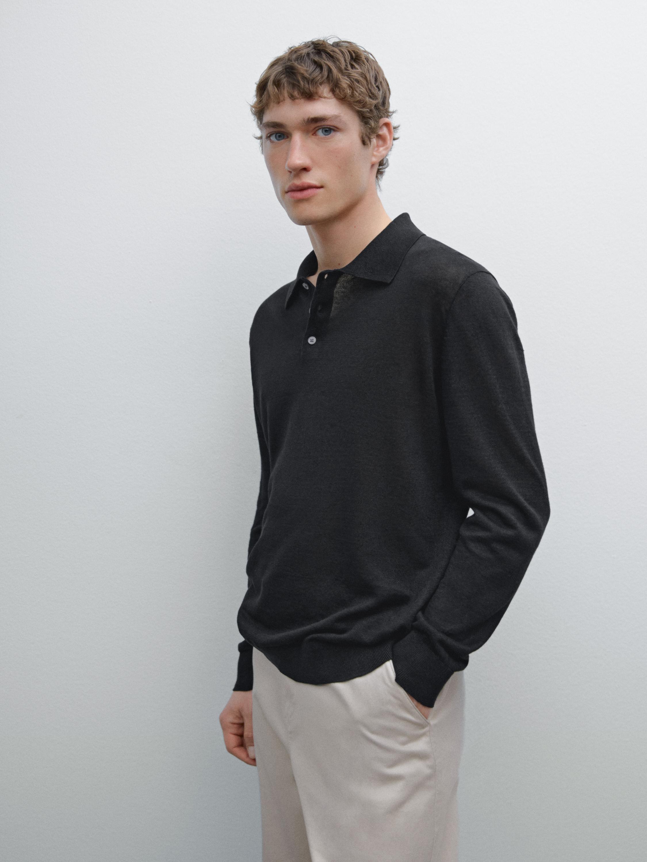Knitted pullover polo neck linen