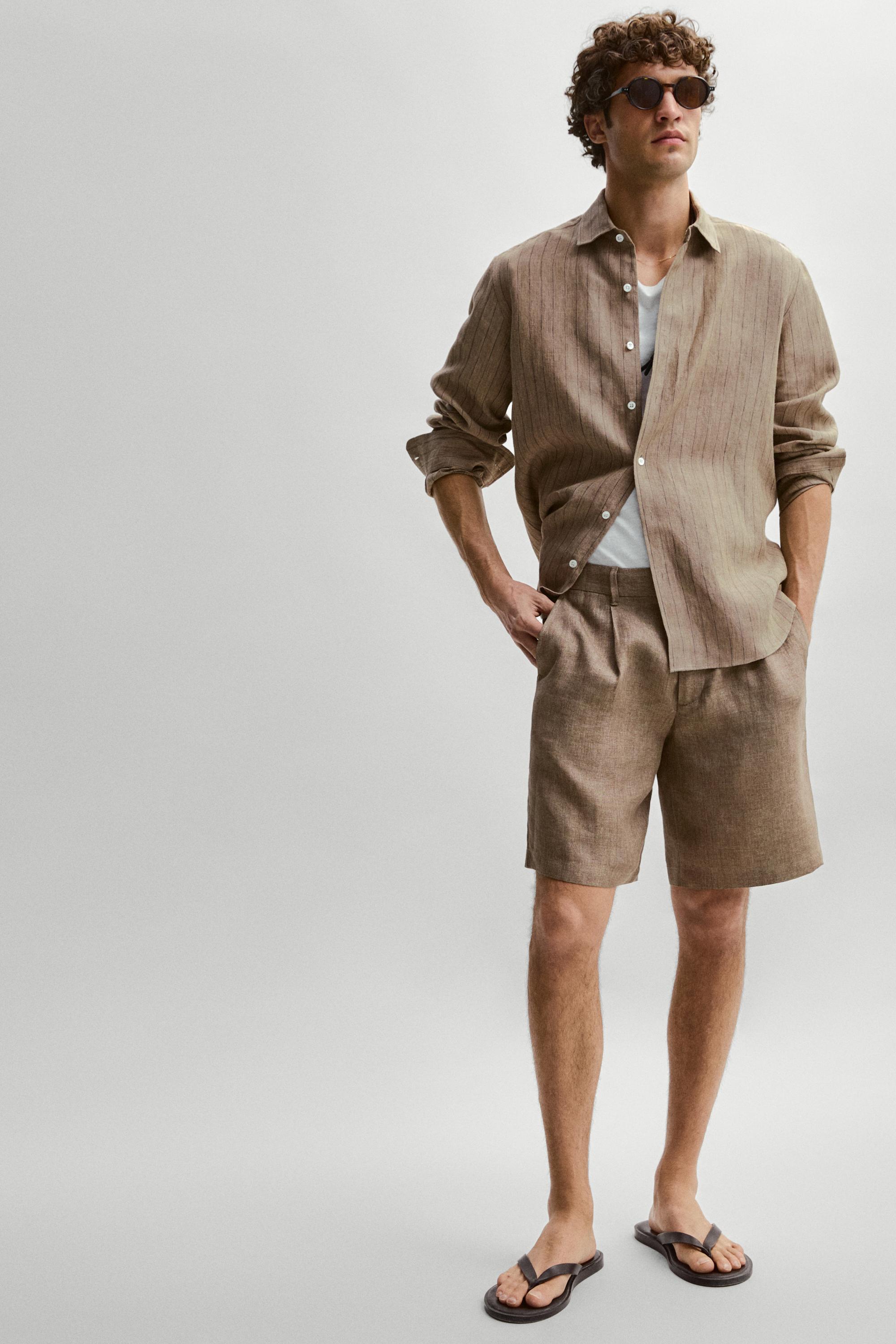 Regular fit 100% linen striped shirt — BEIGE