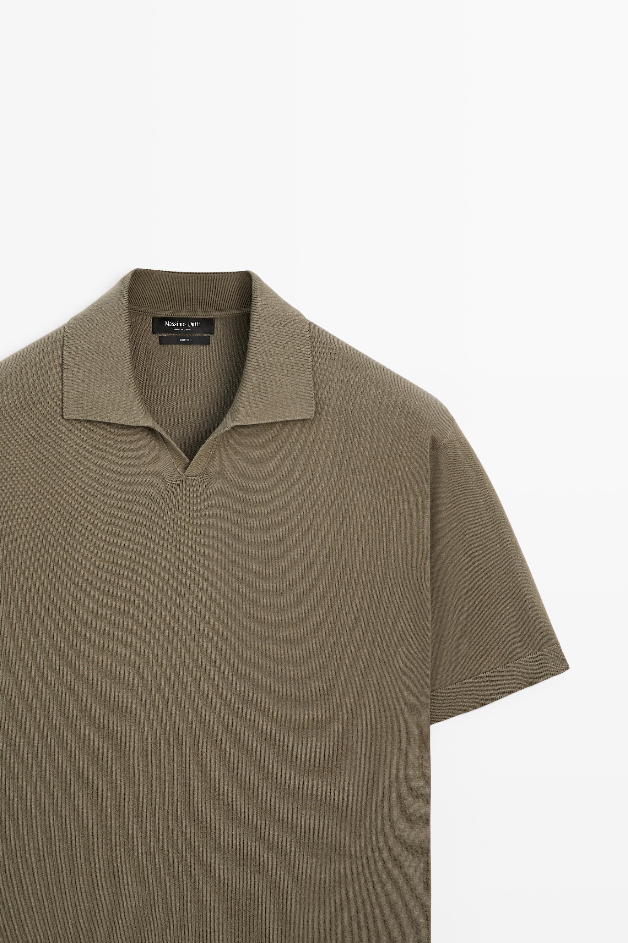 100% cotton V-neck knit polo — Khaki