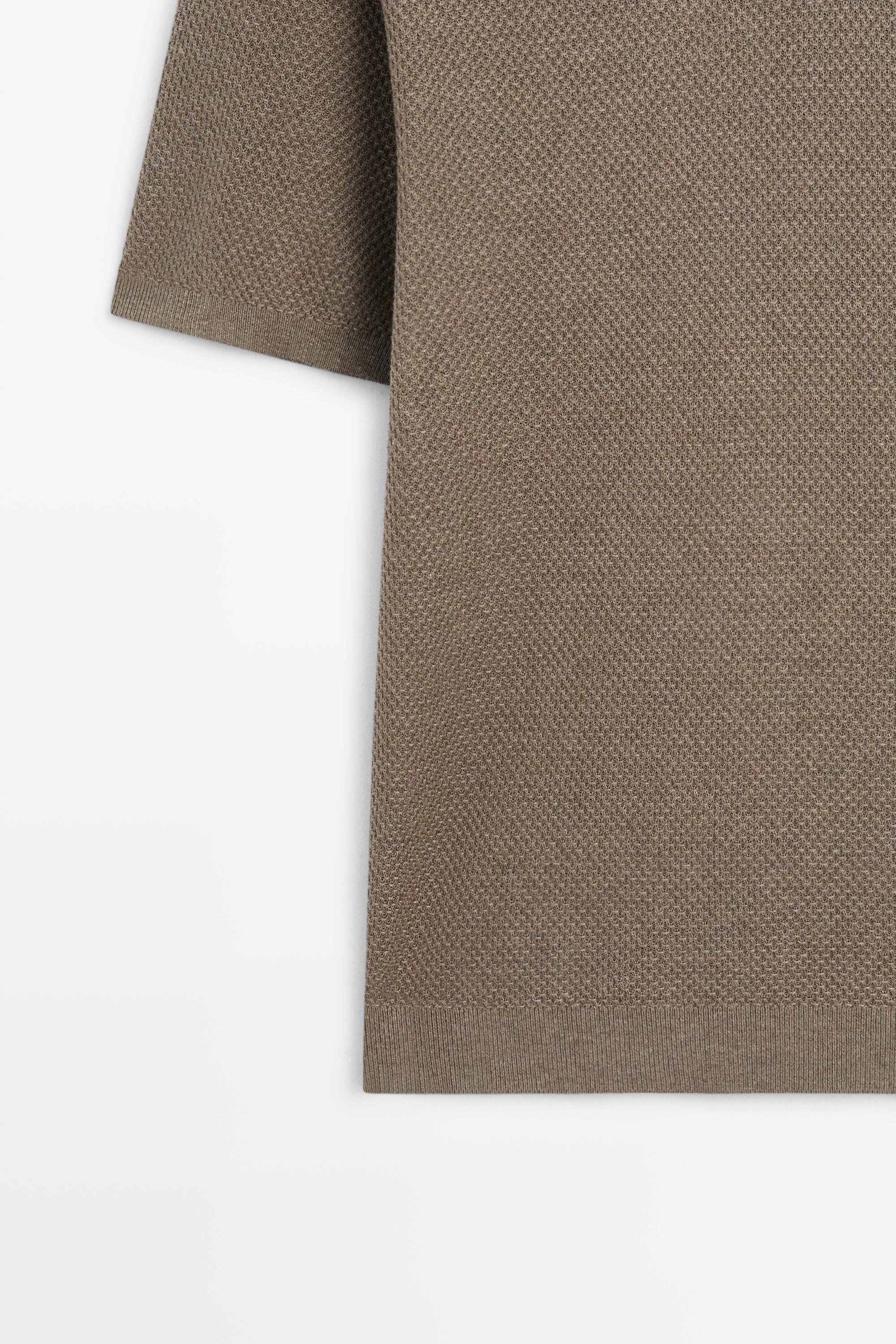 Cotton blend knit V-neck polo shirt — KHAKI