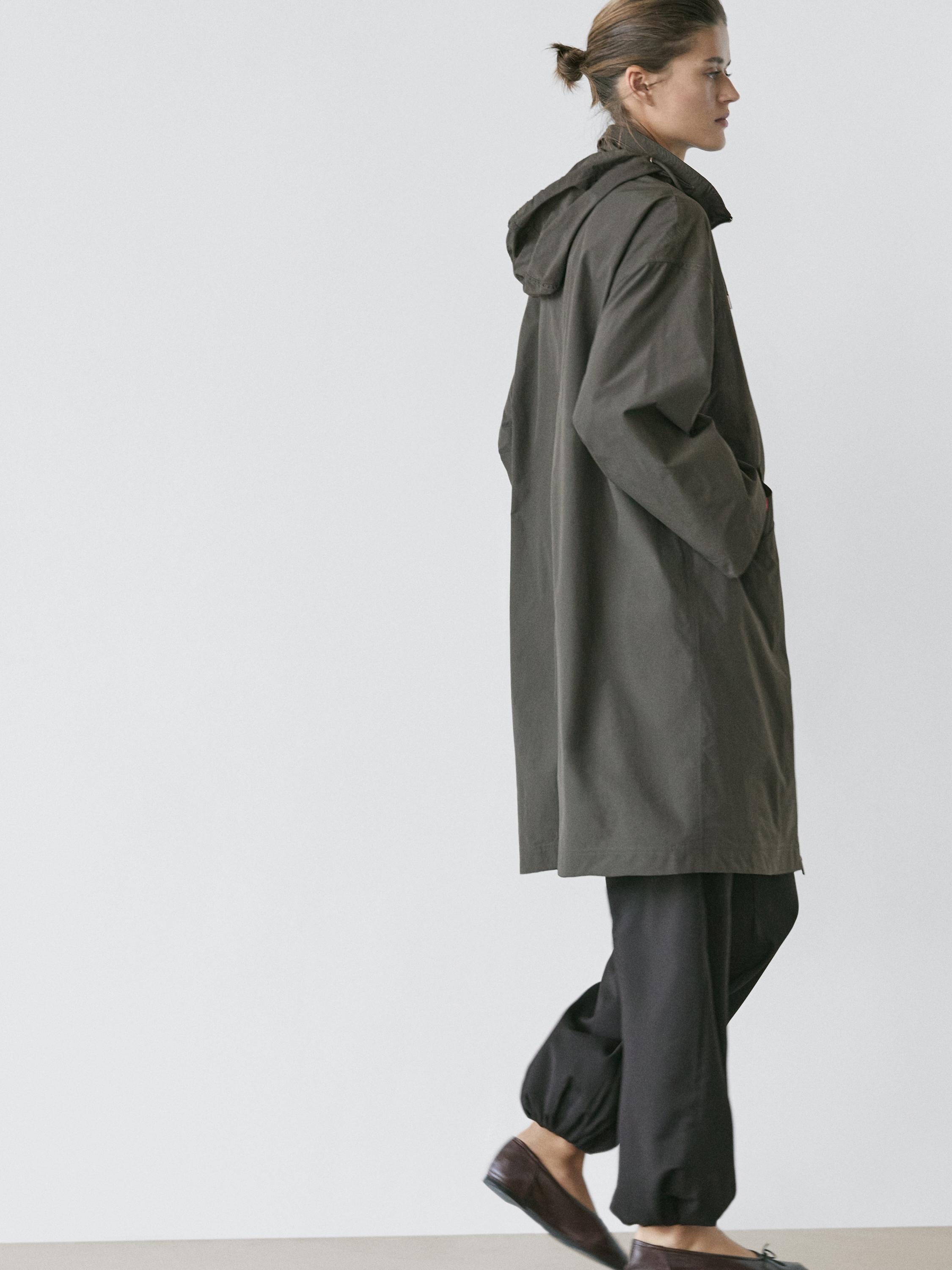Technical fabric trench coat with hood — BOTTLE GREEN