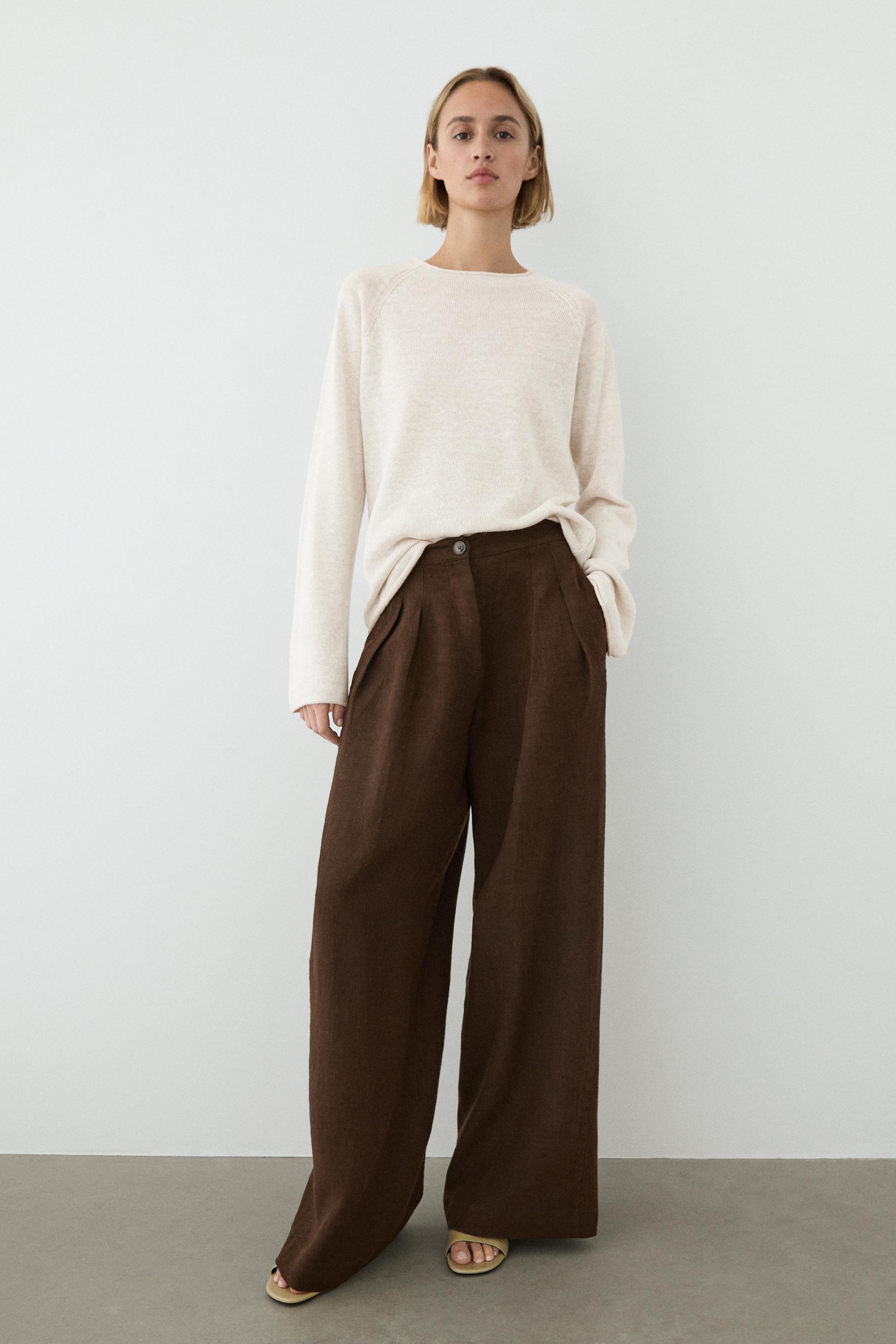 100% linen wide-leg pleated trousers — BROWN