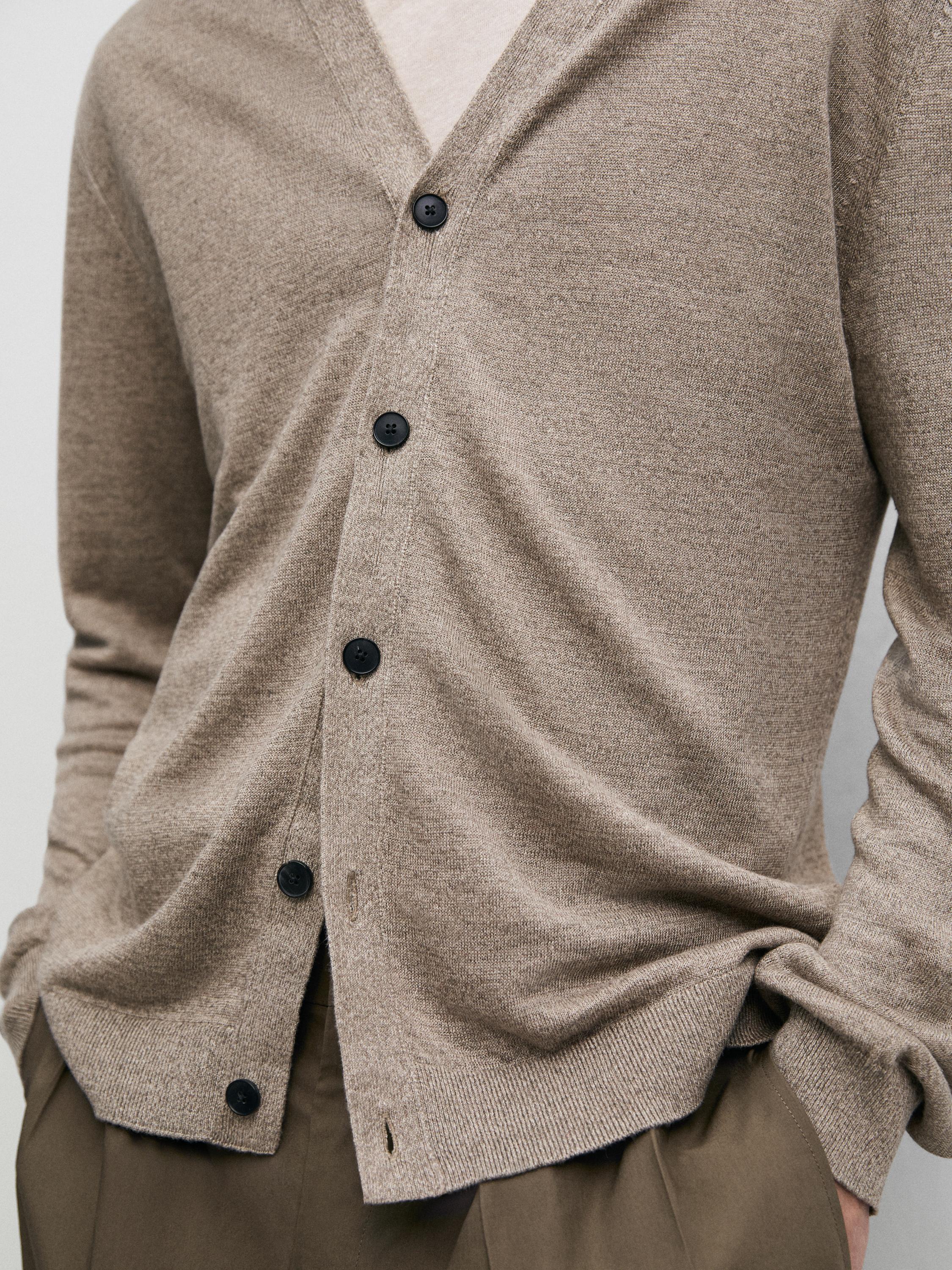 Linen knit cardigan with buttons — SAND BROWN
