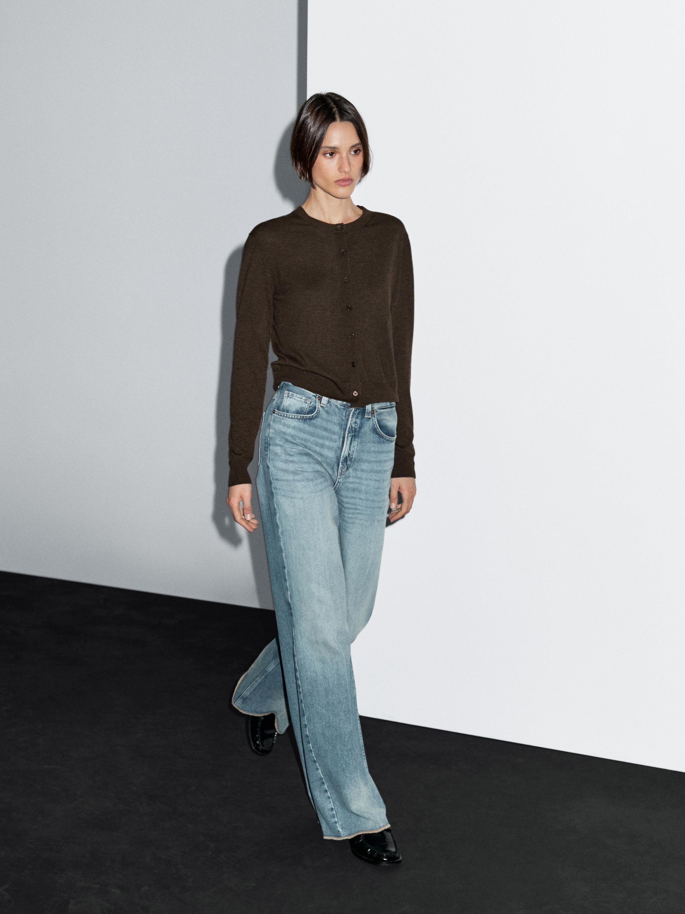 Wool blend knit cardigan with crew neck