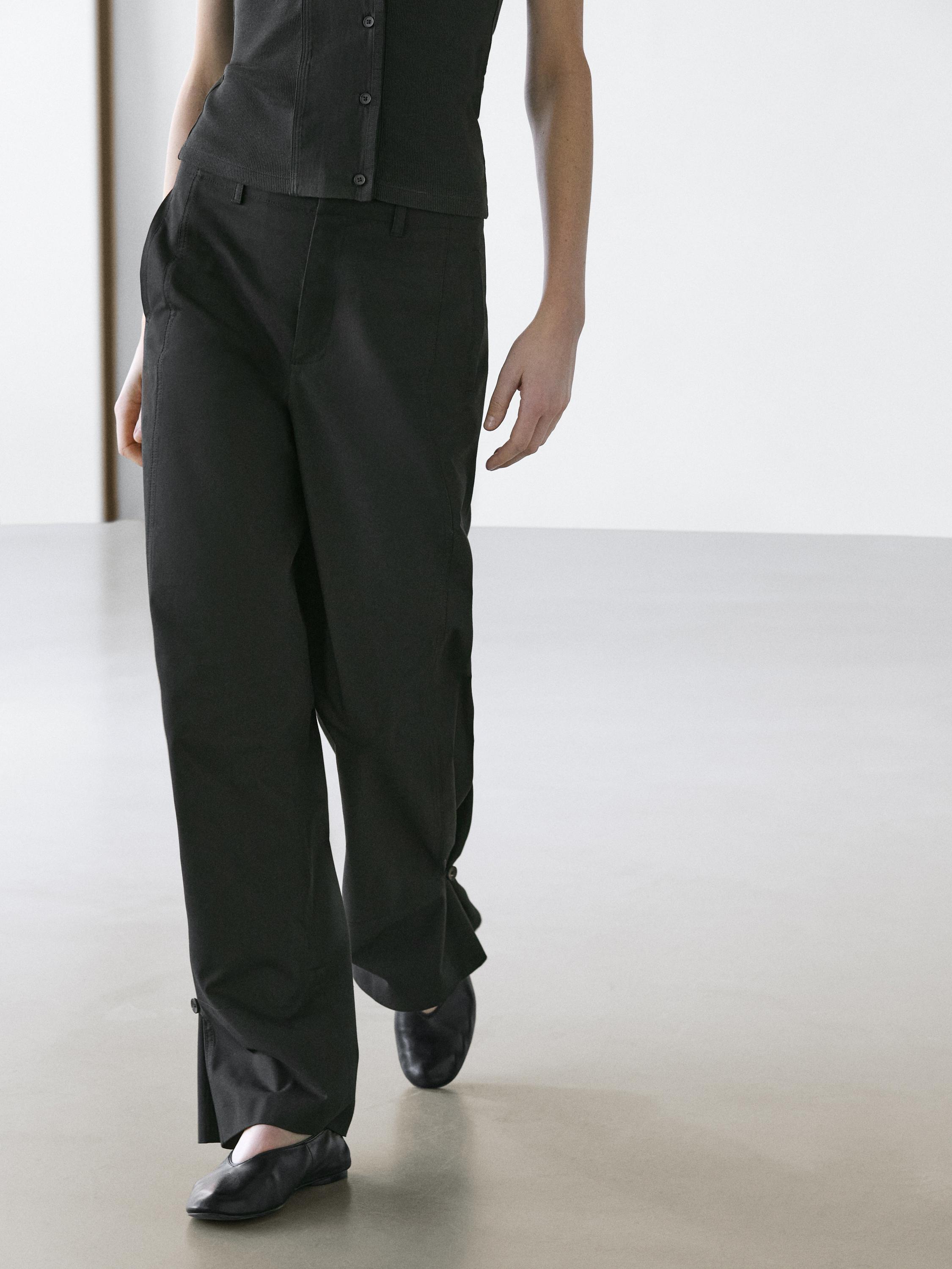 Cotton blend trousers with hem detail — BLACK
