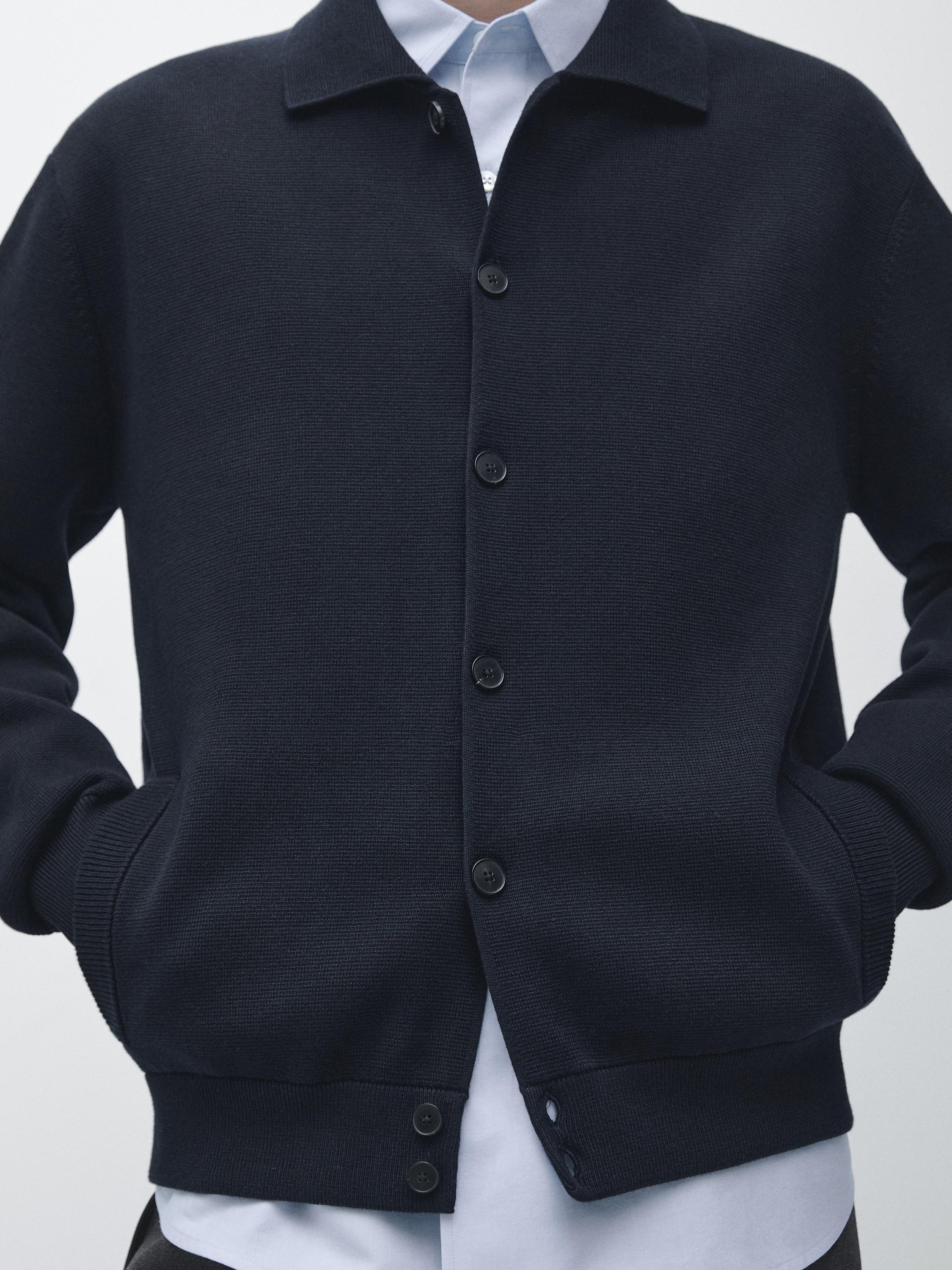 100% cotton knit cardigan with polo collar — NAVY BLUE