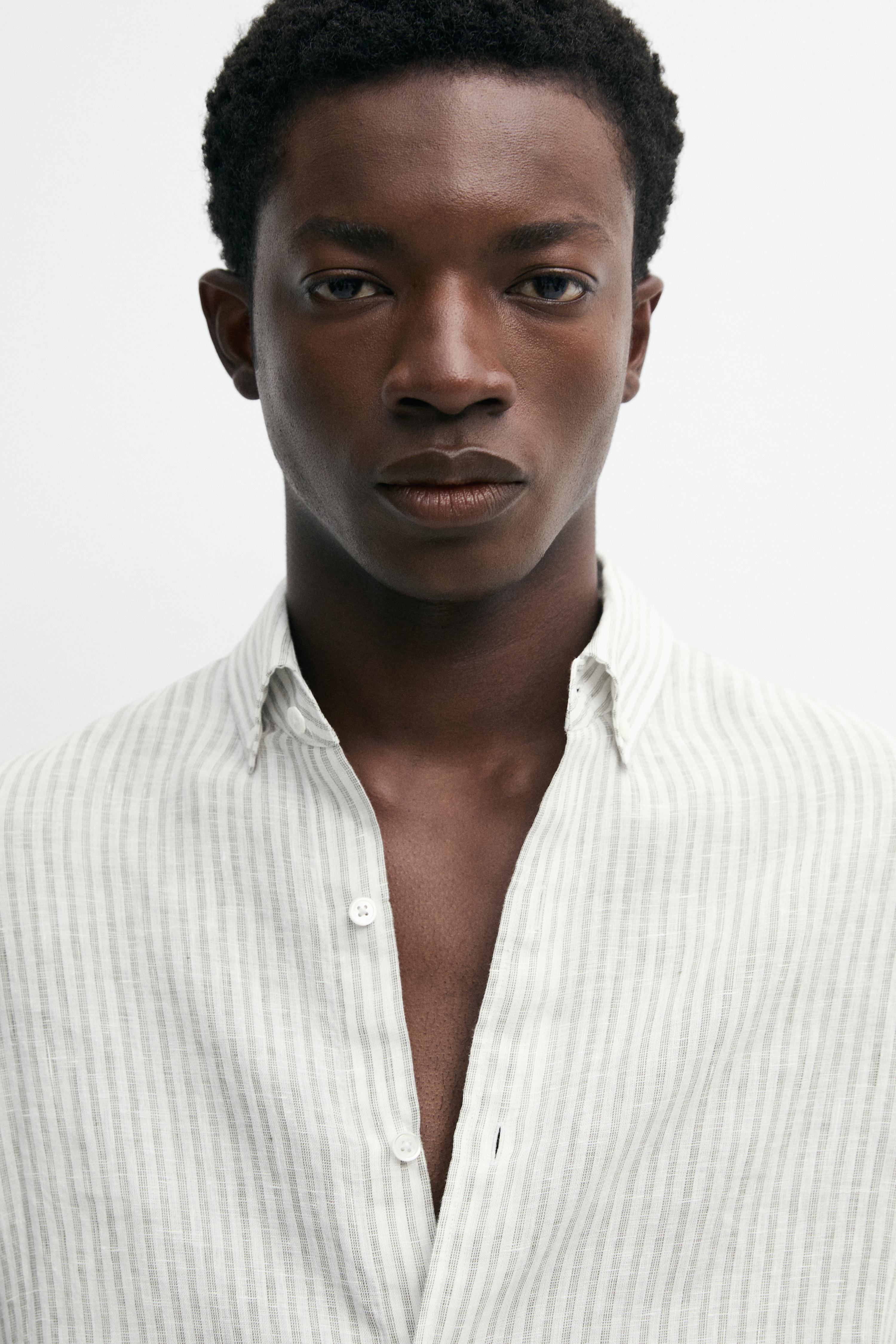 100% linen pinstriped slim fit shirt — GREEN