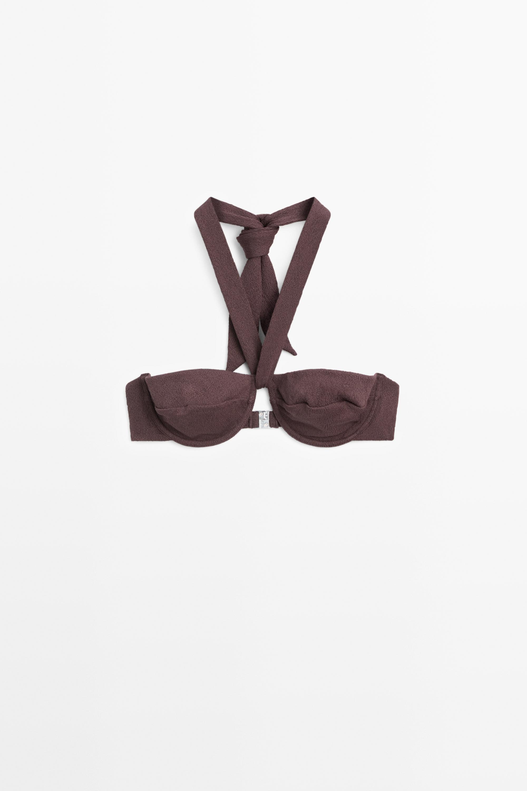 Textured bikini top with underwire and tied neck — BROWN