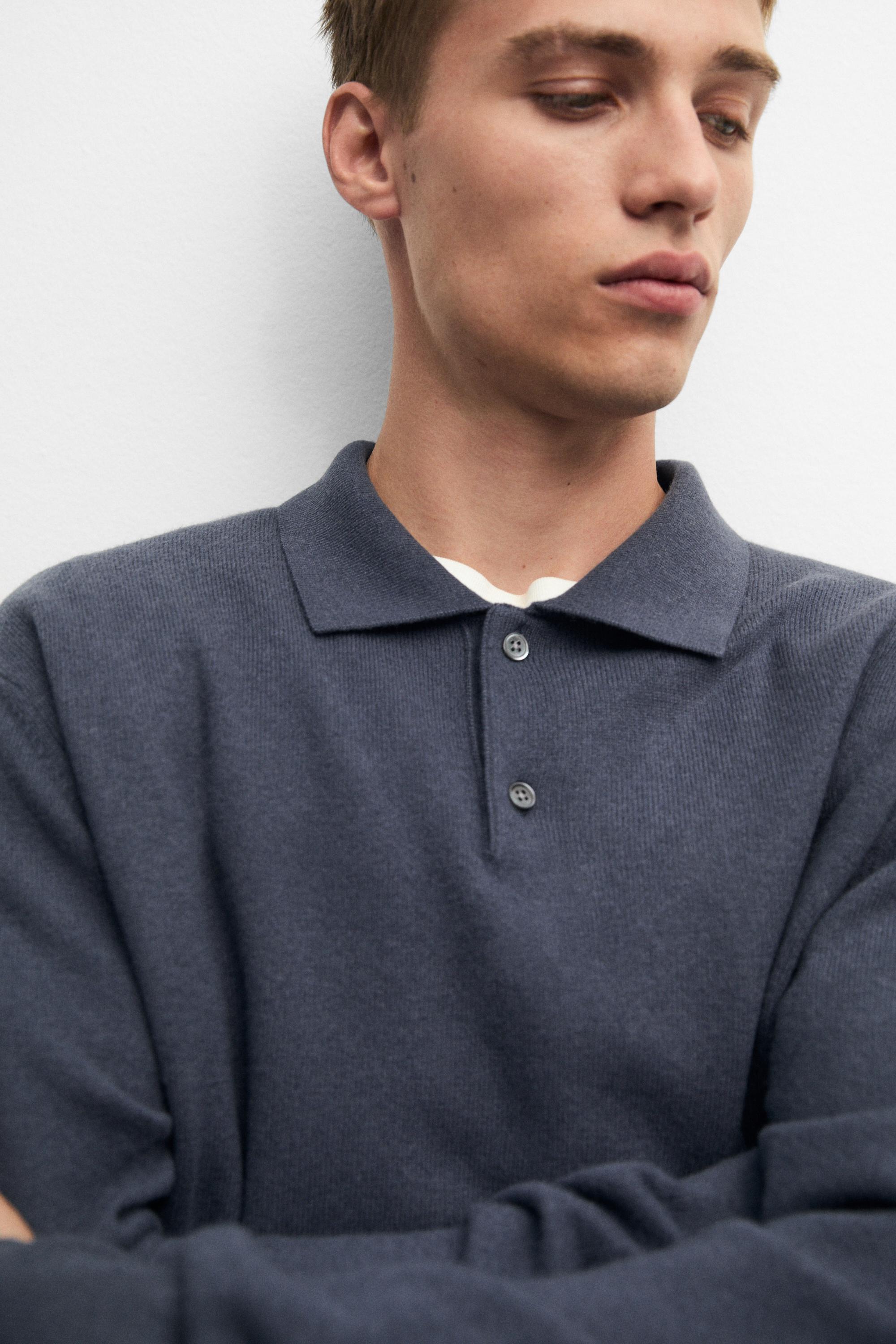 Wool blend knit polo sweater — DARK BLUE