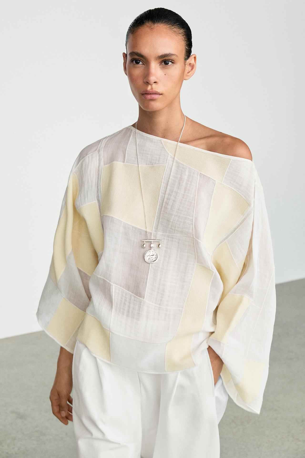 Patchwork print boat neck blouse — Off white