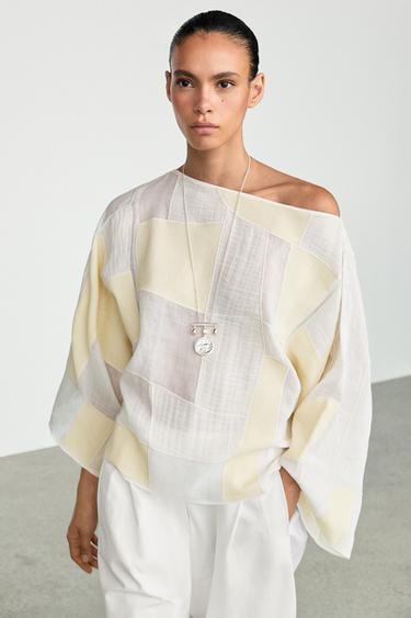 Patchwork print boat neck blouse — Off white 3