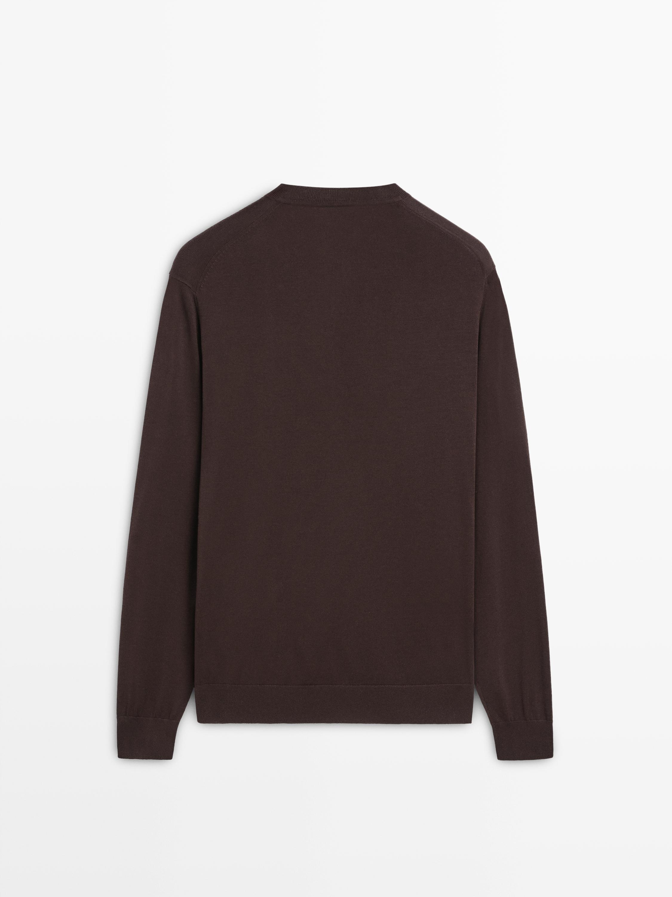 Cotton blend V-neck knit sweater — BROWN