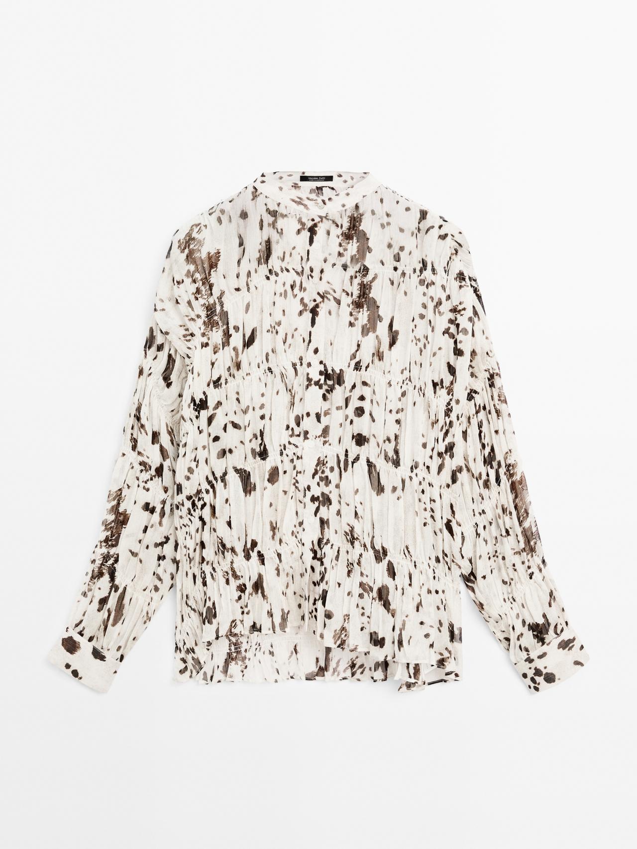 Massimo Dutti - Dame - Skjorte Med Dyreprint Og Rynket Detalje - Råhvid - Xs