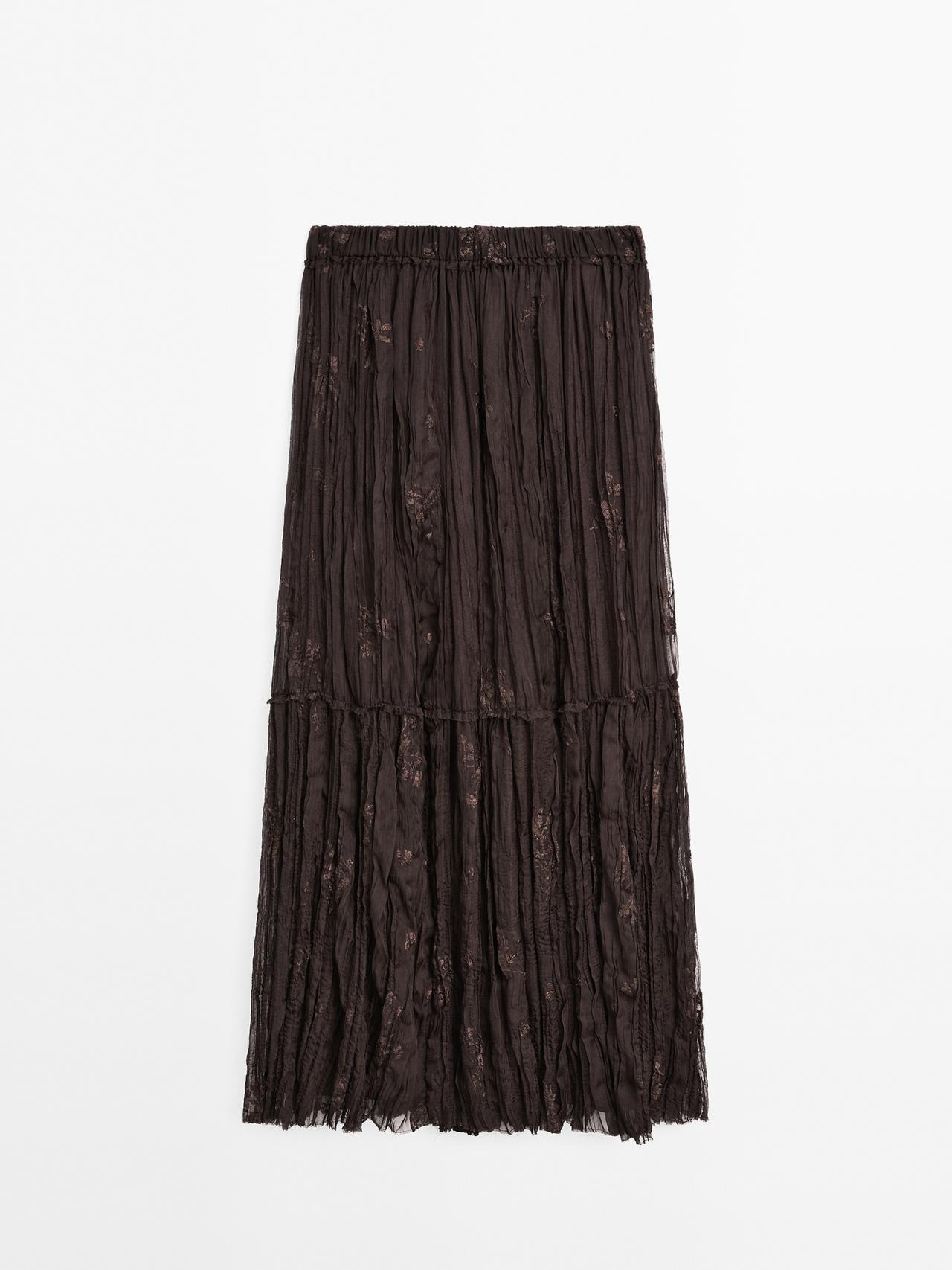 Massimo Dutti - Dame - Lang, Plisseret Nederdel Med Broderede Detaljer - Chokolade - Xs