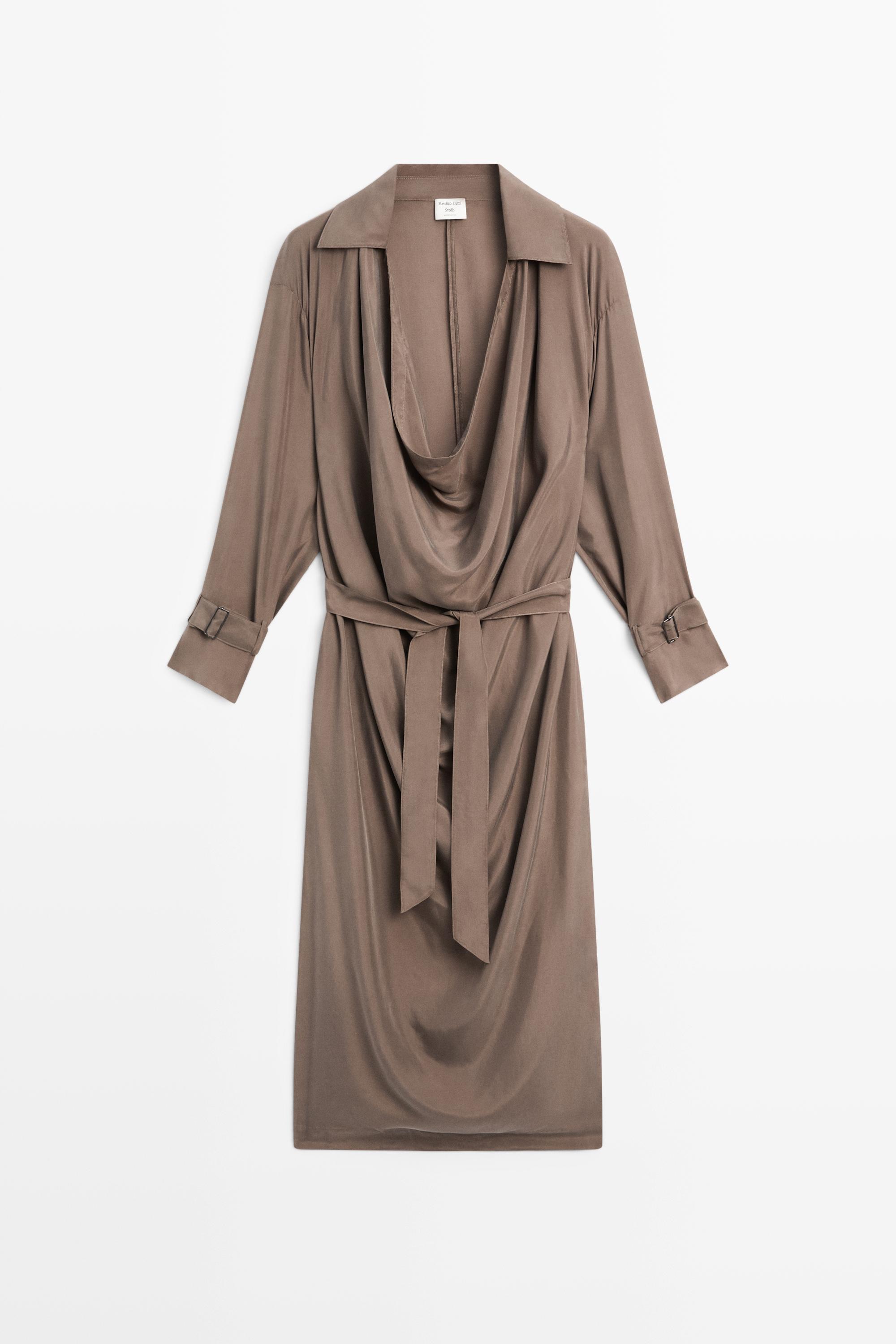 Draped neckline trench dress - STUDIO — BROWN